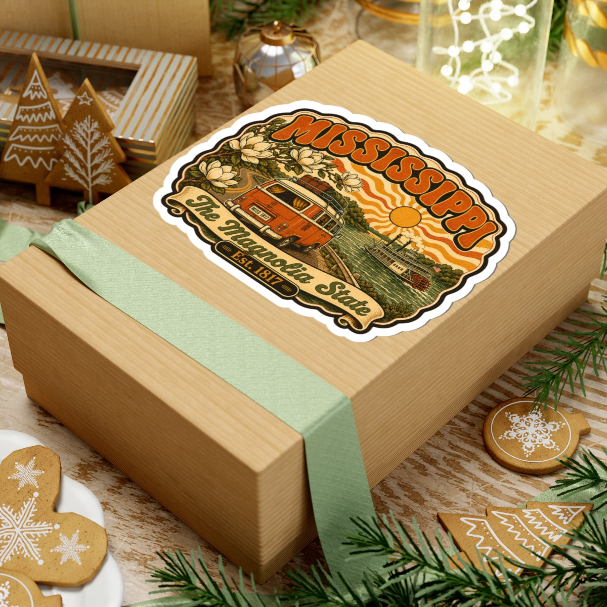 Mississippi retro state sticker on a wooden gift box, orange van and riverboat design