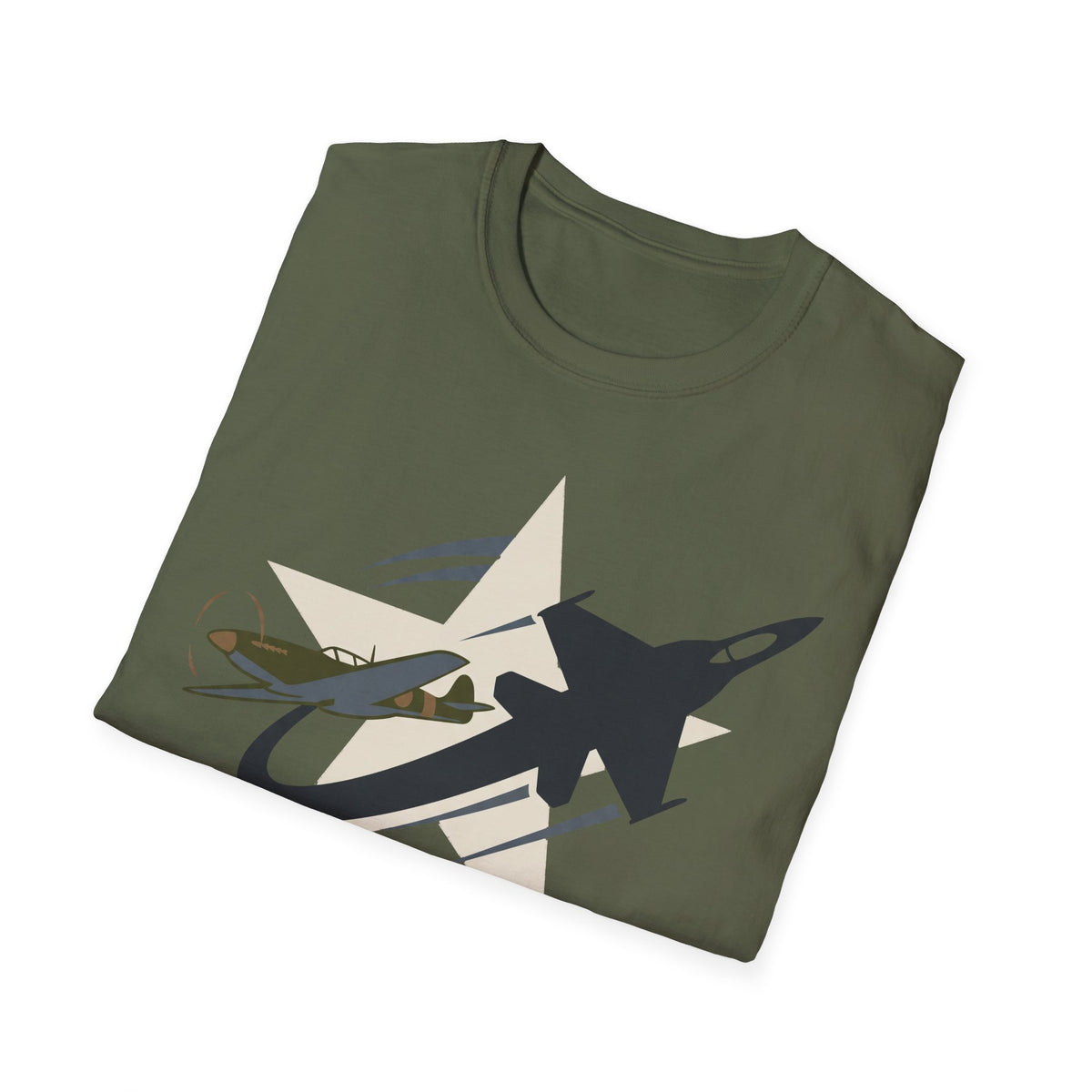 Military green T-shirt with large printed military aircraft graphic on chest