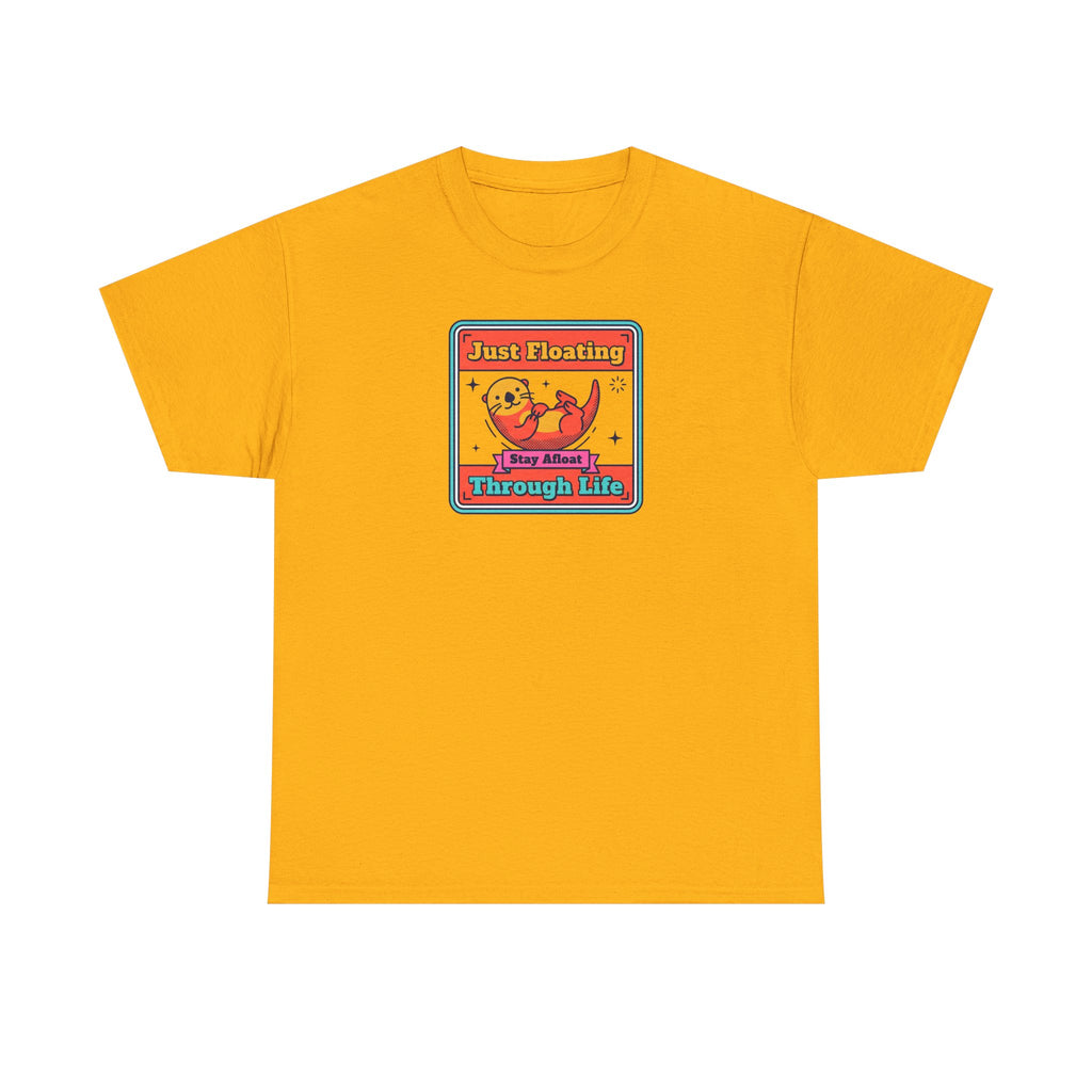 Gold crewneck T-shirt with framed otter graphic and text on chest