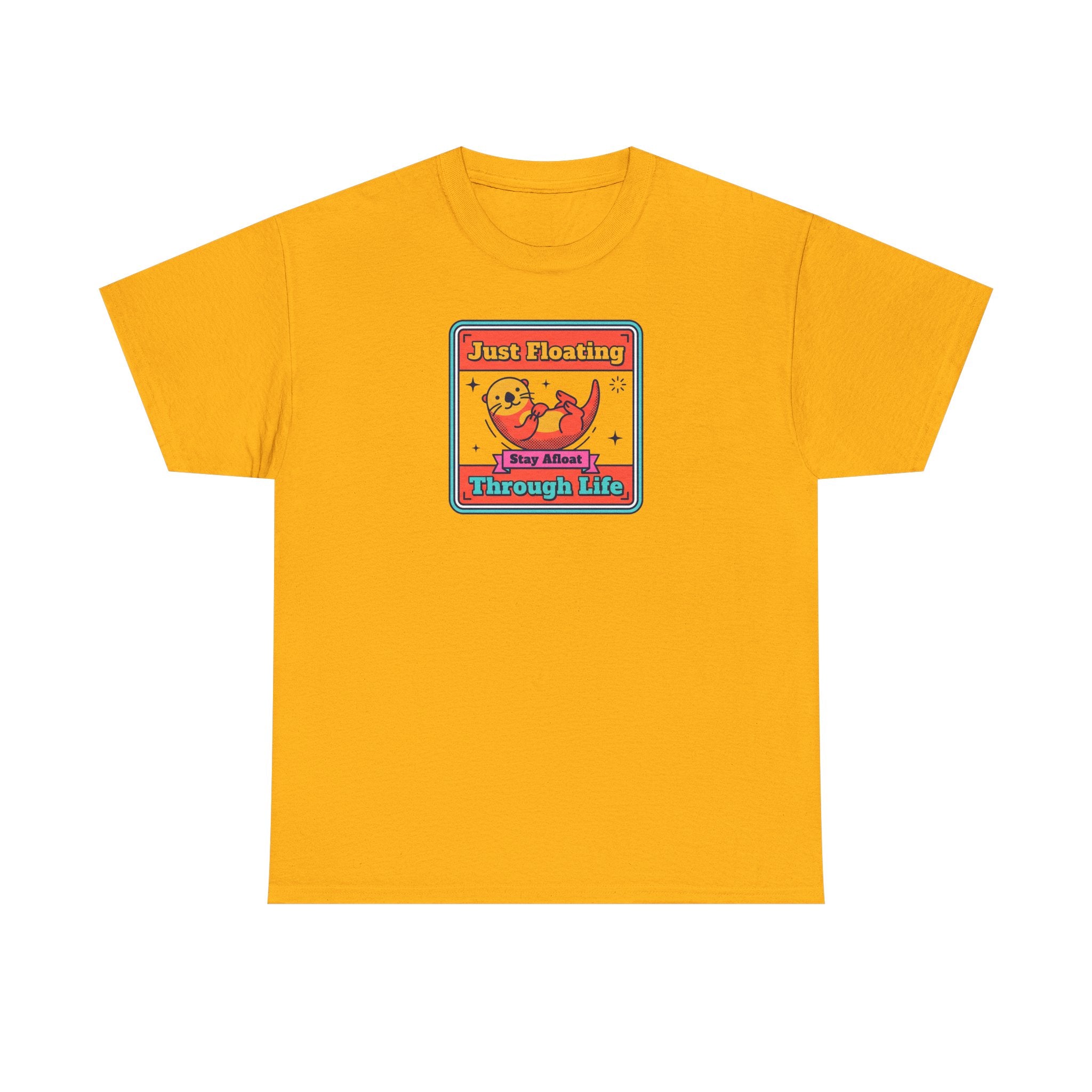 Gold crewneck T-shirt with framed otter graphic and text on chest
