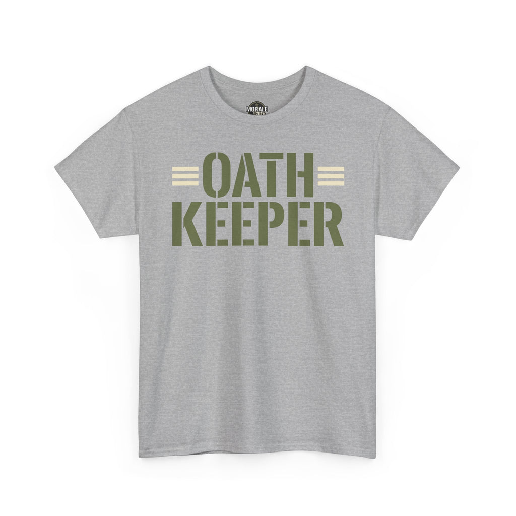 Military stencil T-shirt, sport grey, front graphic text OATH KEEPER