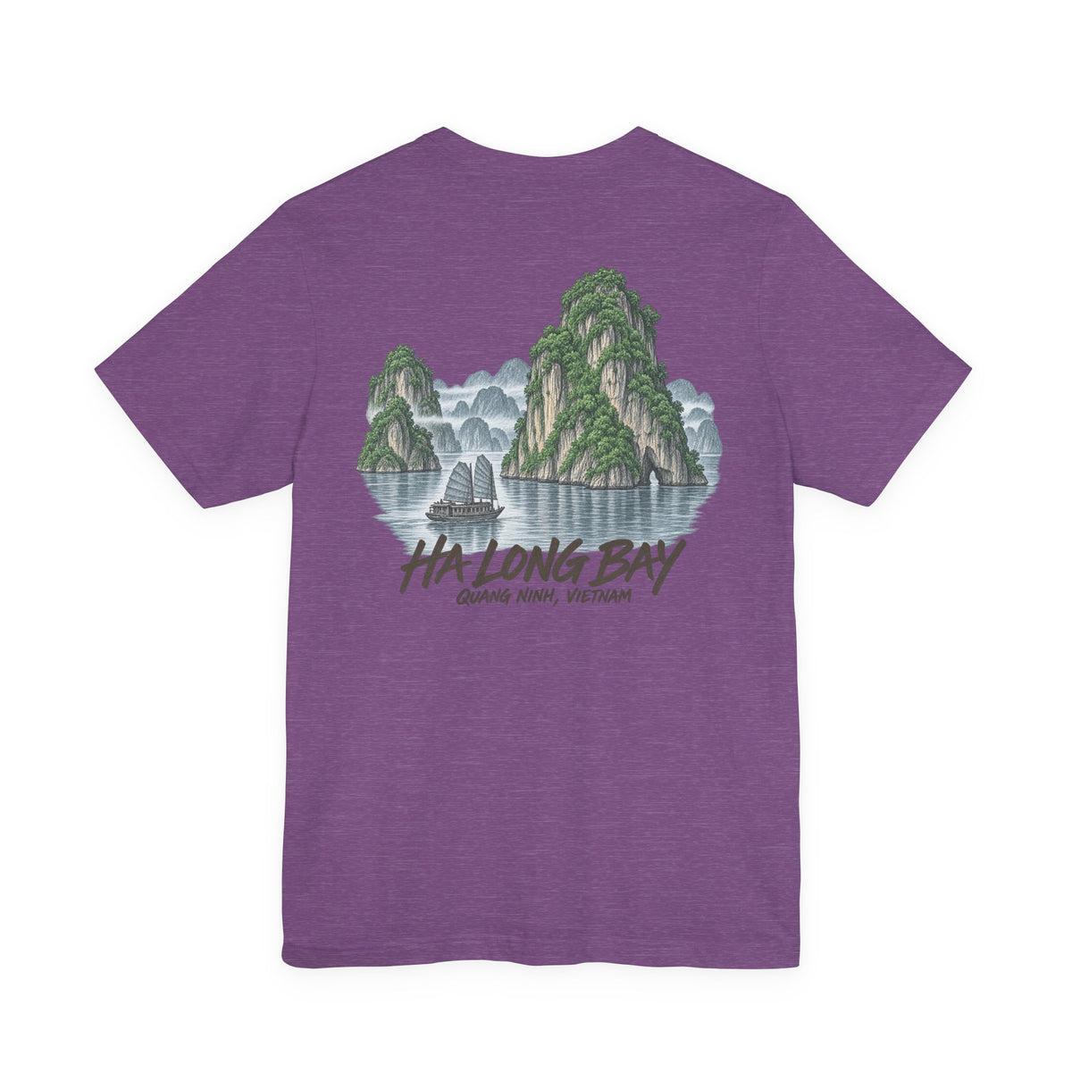 Purple travel t-shirt with Ha Long Bay landscape graphic and text on back