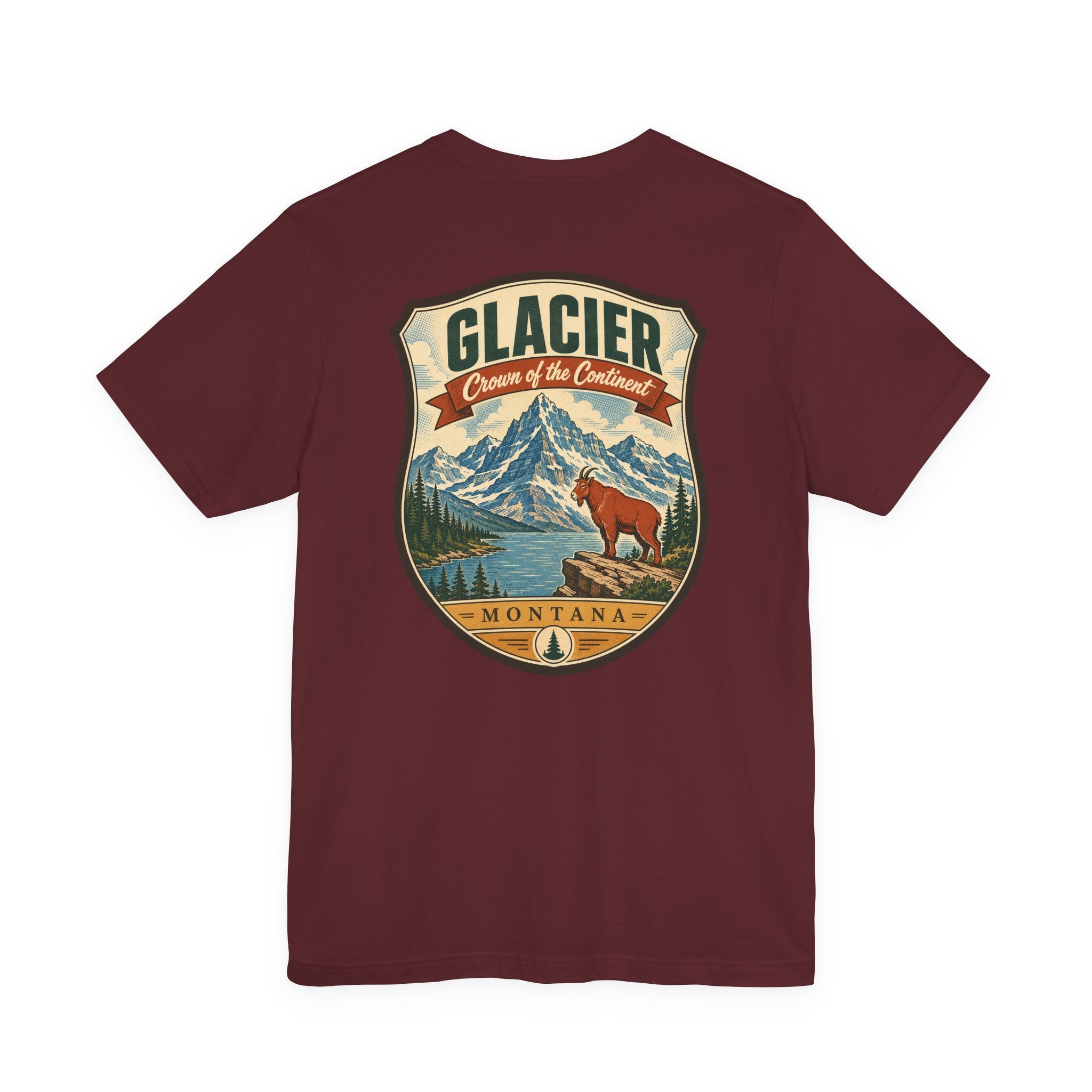 Burgundy crewneck t-shirt with Glacier Montana badge graphic featuring mountains and bear.
