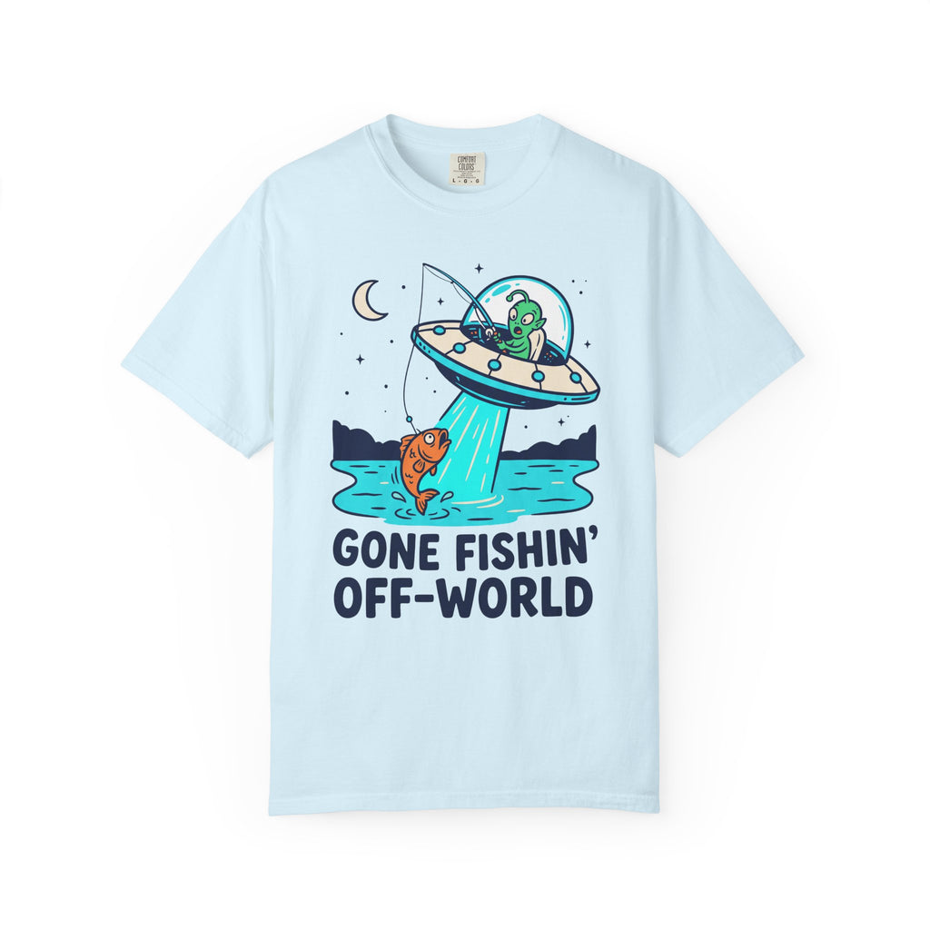 Light blue alien fishing T-shirt with UFO and "Gone Fishin' Off-World" text