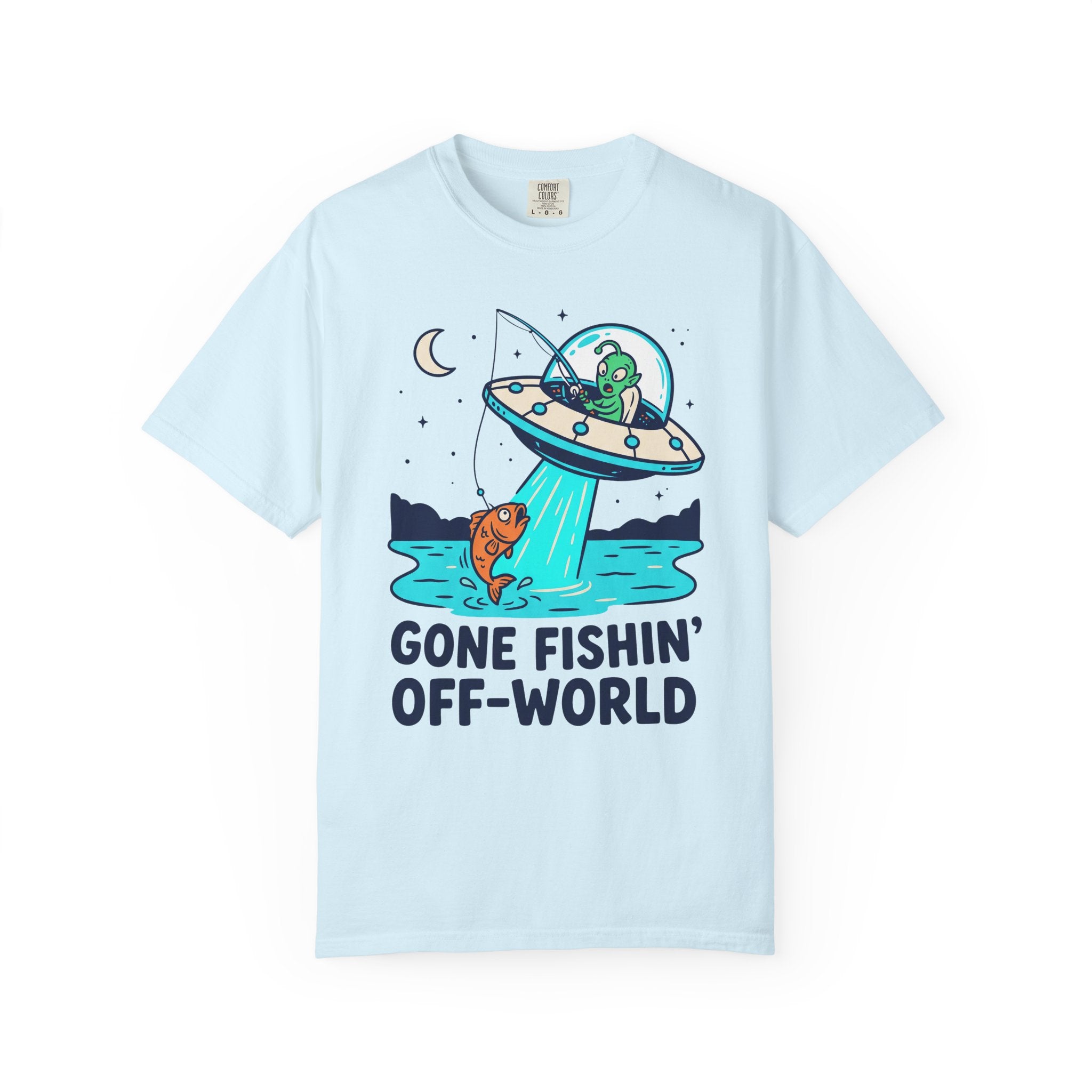 Light blue alien fishing T-shirt with UFO and "Gone Fishin' Off-World" text