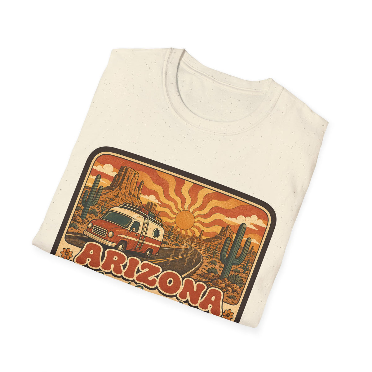 Natural off-white unisex graphic T-shirt with Arizona desert van and cactus print