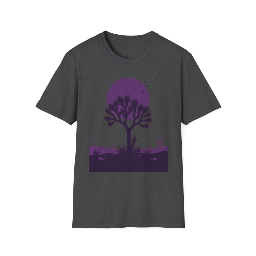 Dark gray T-shirt with purple moon and Joshua tree desert landscape silhouette graphic