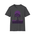 Dark gray T-shirt with purple moon and Joshua tree desert landscape silhouette graphic