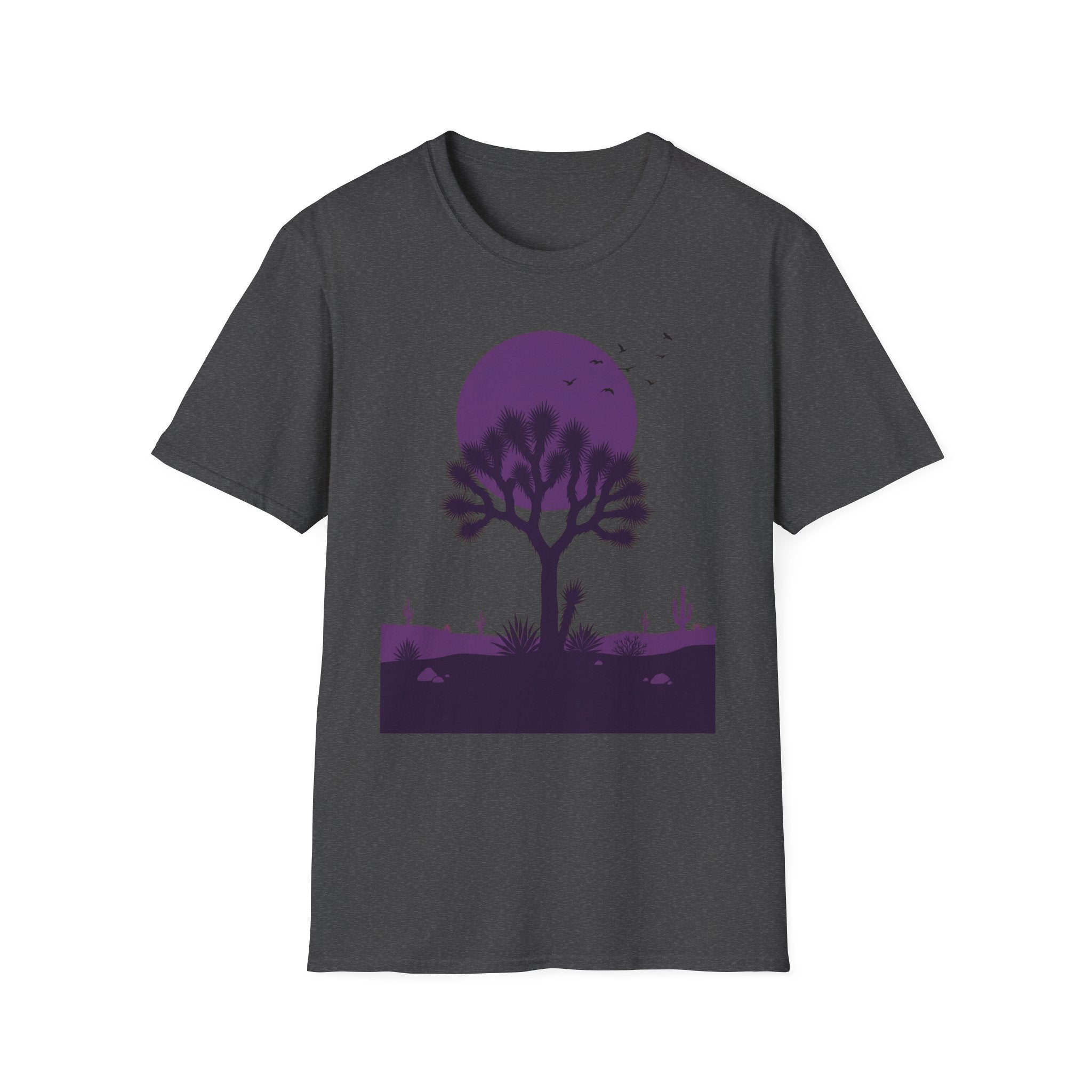 Dark gray T-shirt with purple moon and Joshua tree desert landscape silhouette graphic