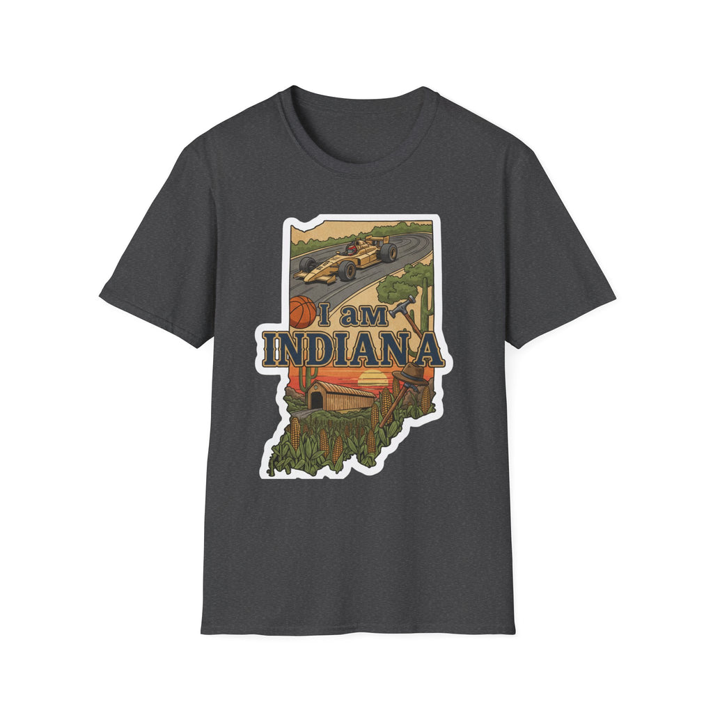 Dark heather I Am Indiana T-shirt with Indiana outline print and race car/basketball