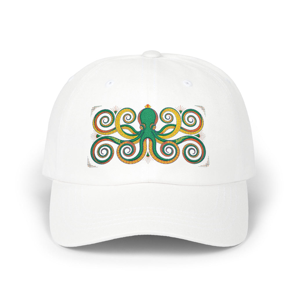 White dad cap with multicolor octopus swirl embroidery on the front panel