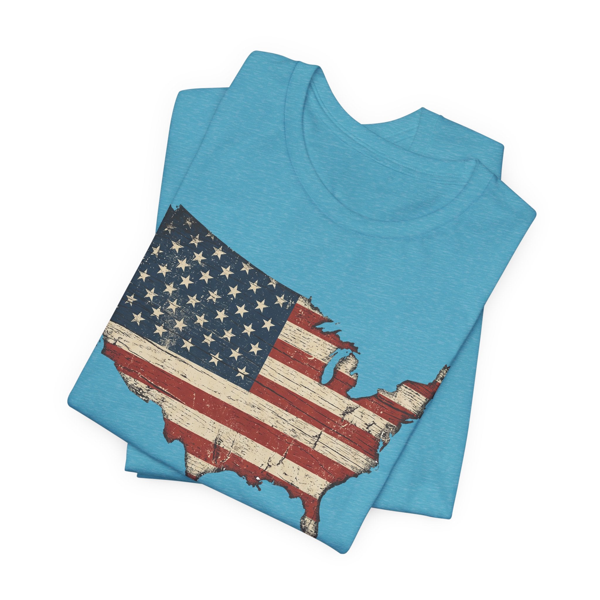 Aqua blue T-shirt with distressed American flag USA map graphic, crew neck