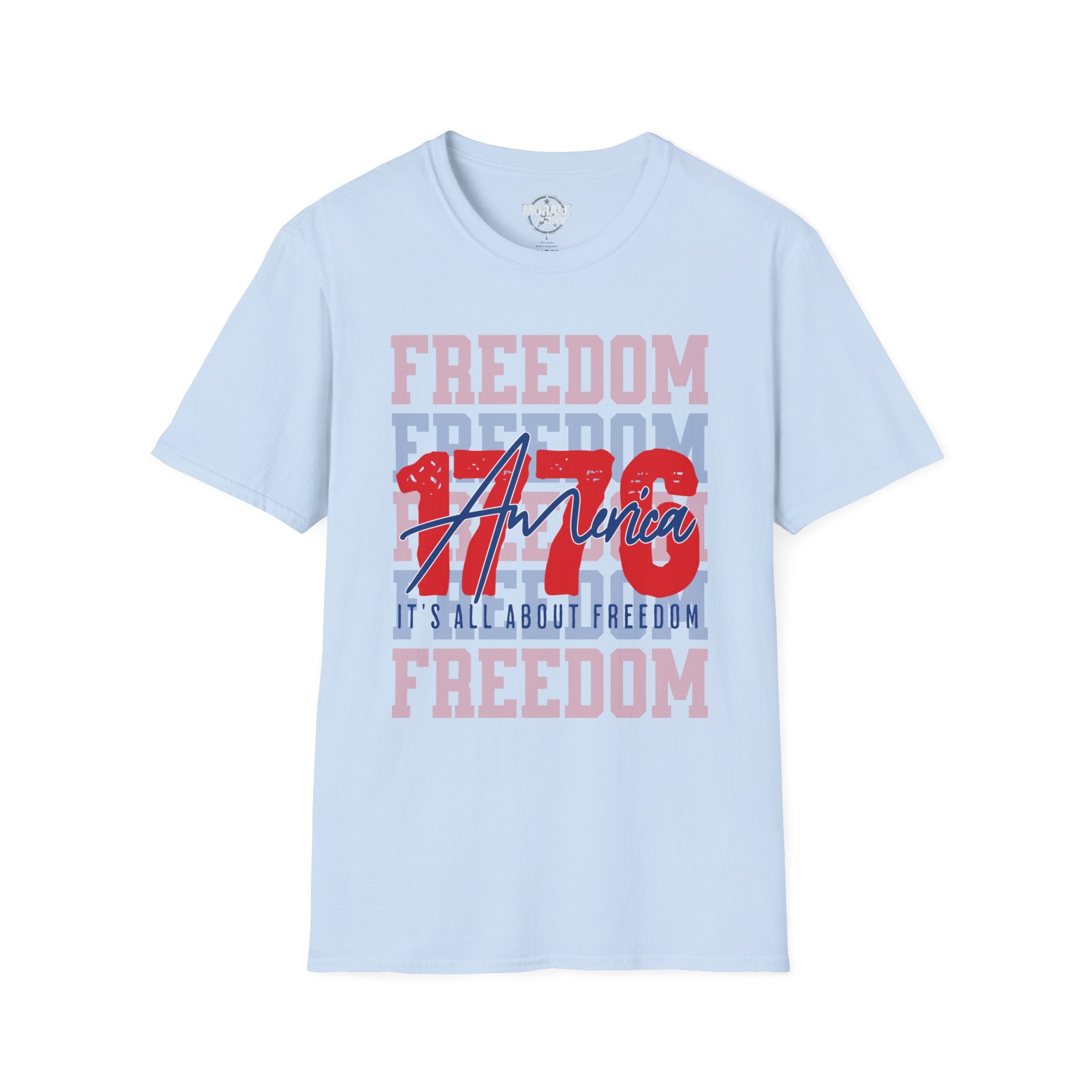 Light blue Freedom USA graphic T-shirt with red/blue 'America' print