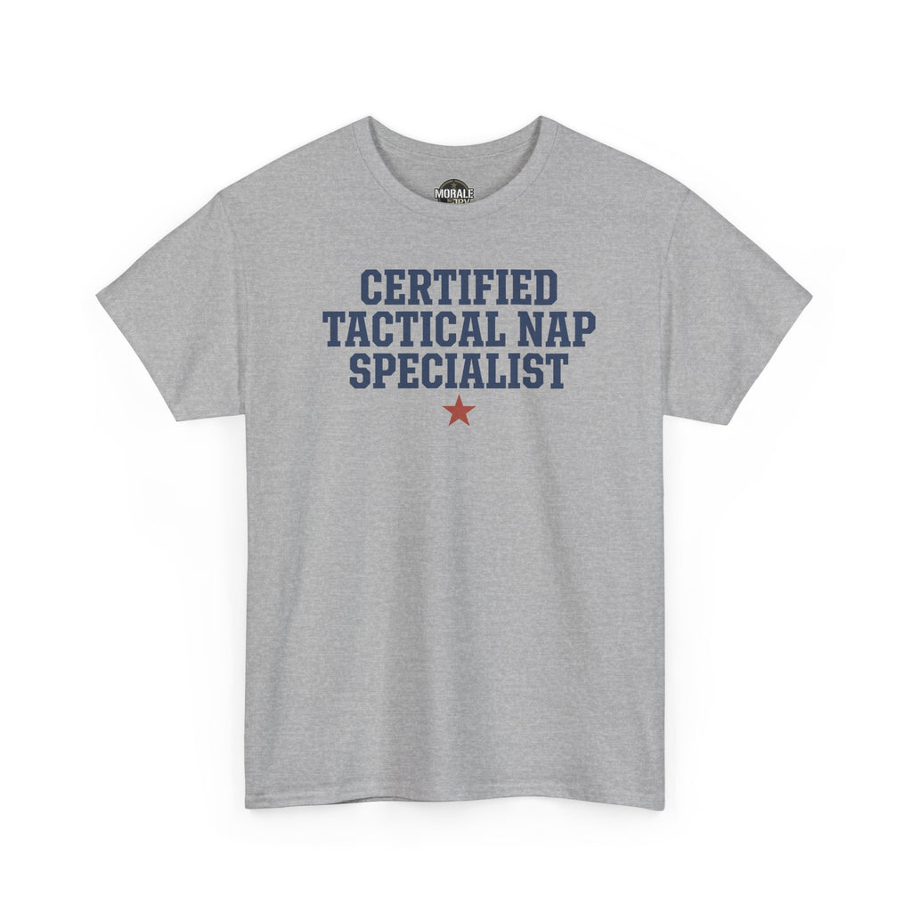 Sport grey tactical nap specialist tee with “Certified Tactical Nap Specialist” graphic and red star