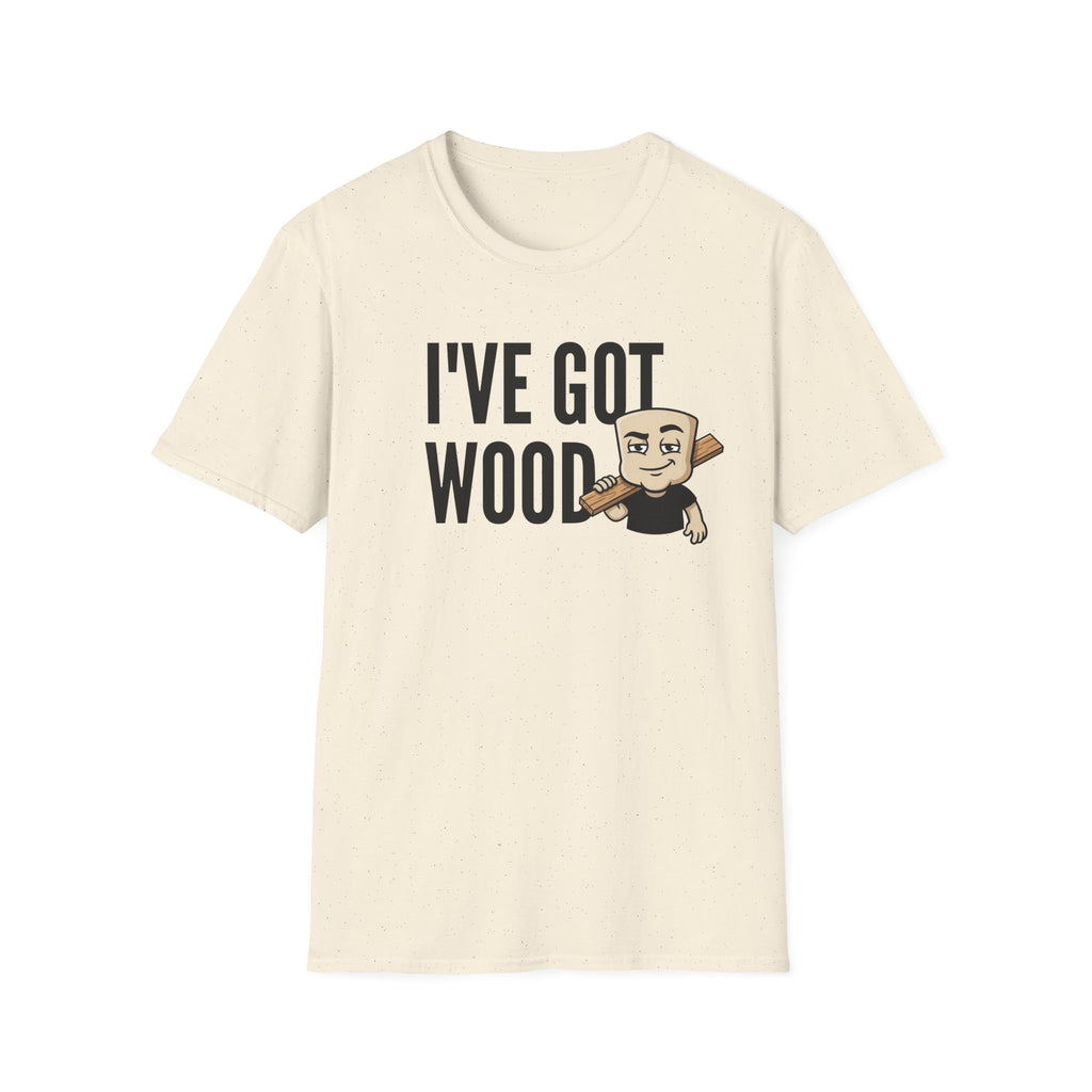 Cream T-shirt with 'I've Got Wood' graphic and cartoon carpenter holding wood