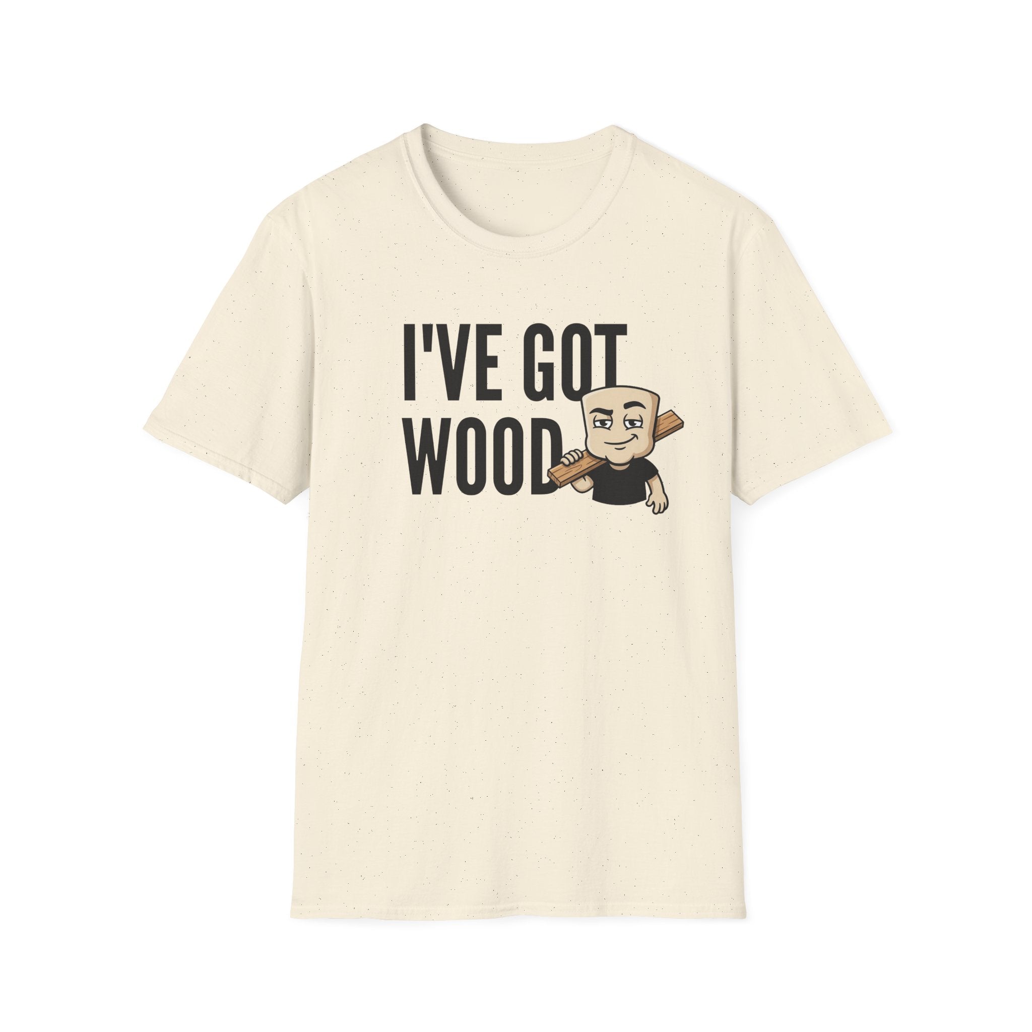 Cream T-shirt with 'I've Got Wood' graphic and cartoon carpenter holding wood