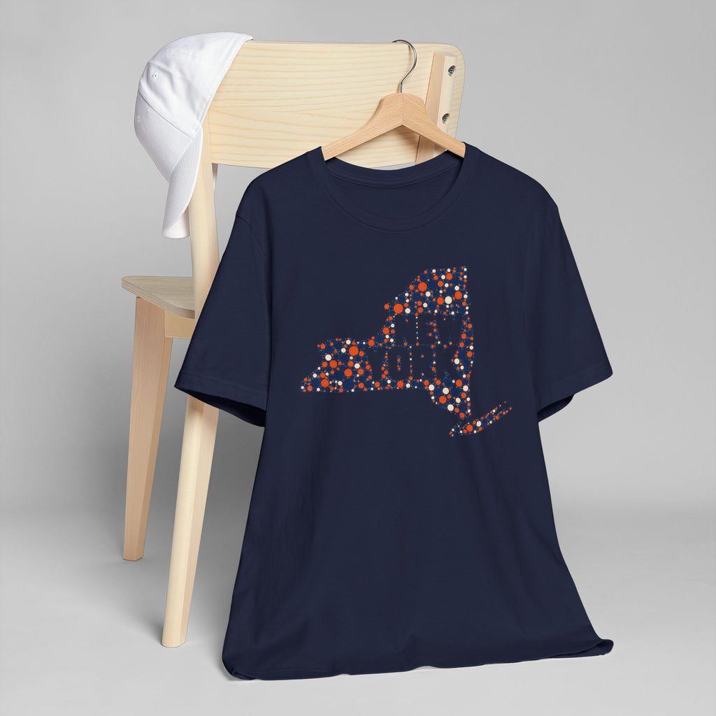 Navy crew-neck t-shirt with colorful dotted New York State outline graphic