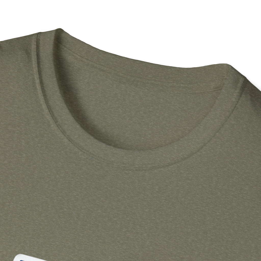 I Am North Carolina T-Shirt, olivgrüner melierter Rundhalsausschnitt im Nahblick