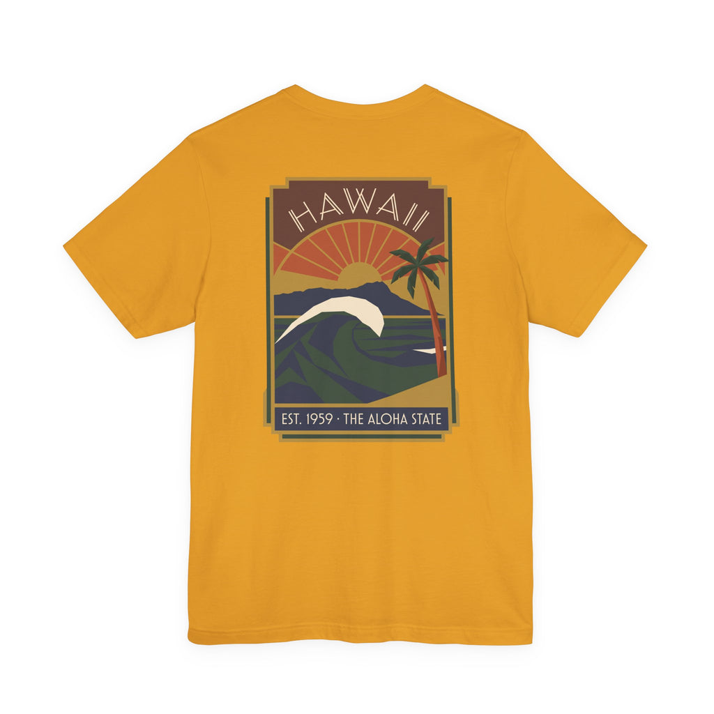 Mustard yellow T-shirt with vintage Hawaii sunset and wave graphic print