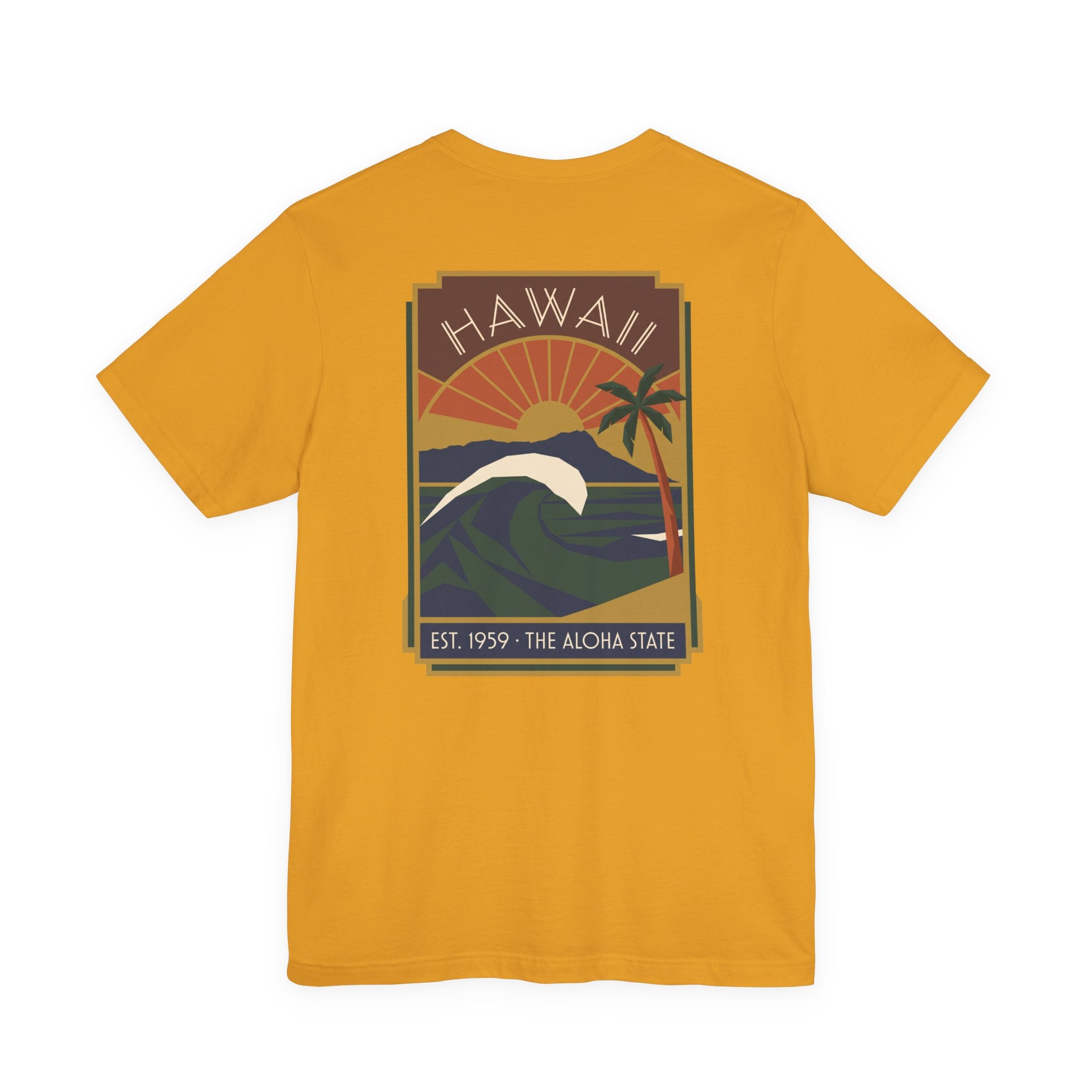 Mustard yellow T-shirt with vintage Hawaii sunset and wave graphic print