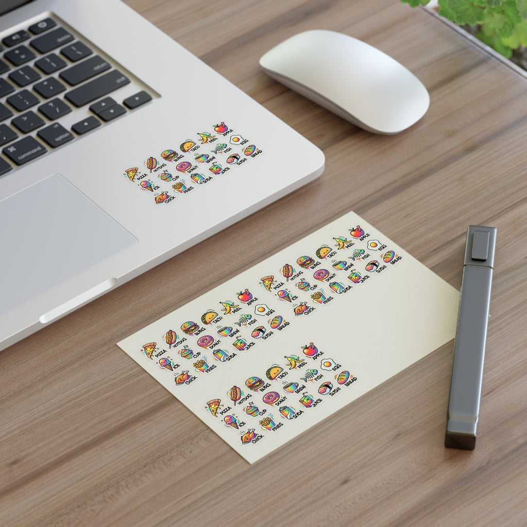 Food-themed die-cut sticker sheet with small fruit and fast-food icons on white paper