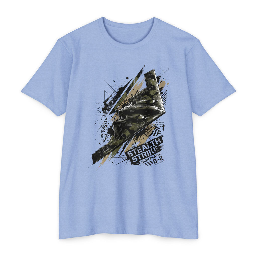 Periwinkle blue bomber T-shirt with short sleeves and crew neck; B-2 style graphic front