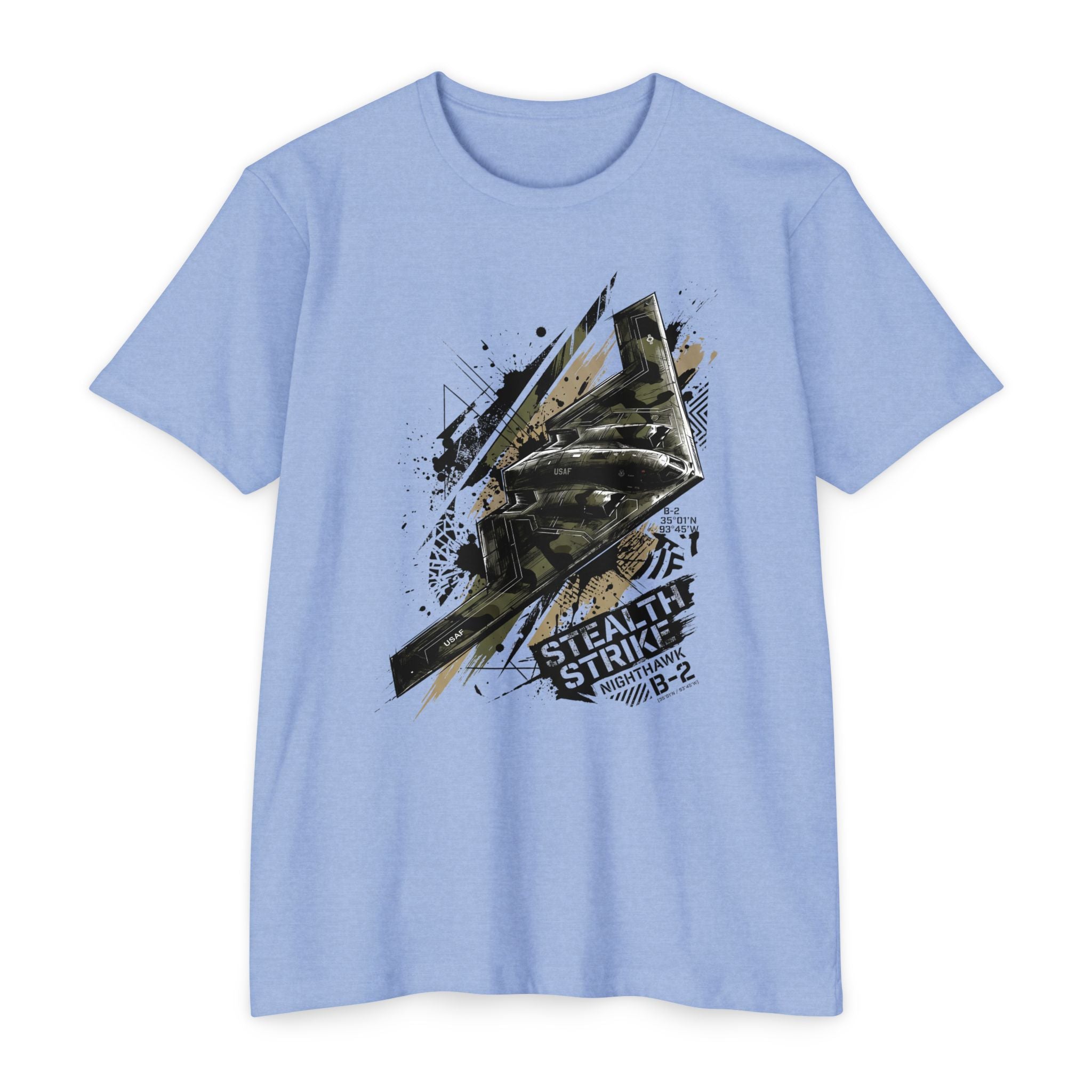 Periwinkle blue bomber T-shirt with short sleeves and crew neck; B-2 style graphic front