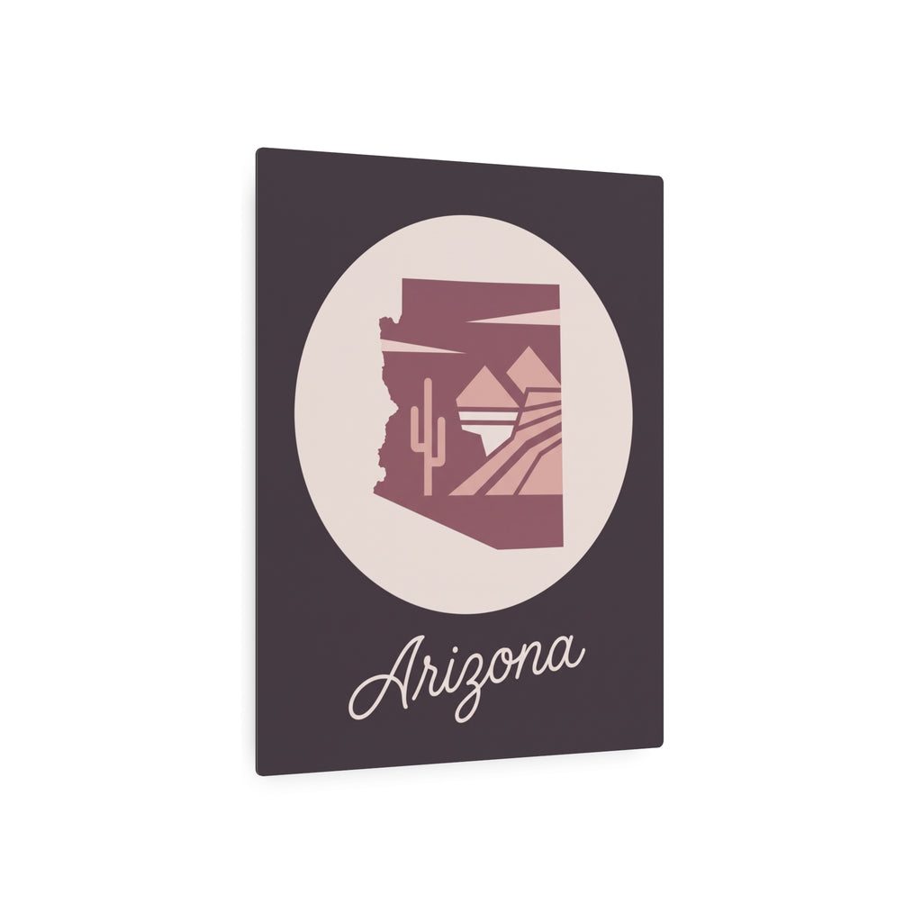 Dark mauve metal wall art square with circular desert emblem and 'Arizona' script