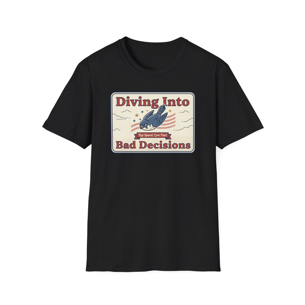 Black T-shirt with “Diving Into Bad Decisions” retro shark graphic on front