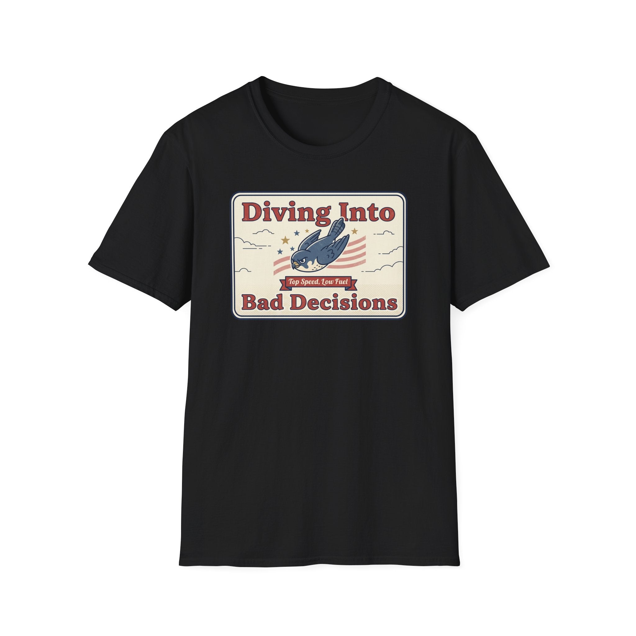 Black T-shirt with “Diving Into Bad Decisions” retro shark graphic on front