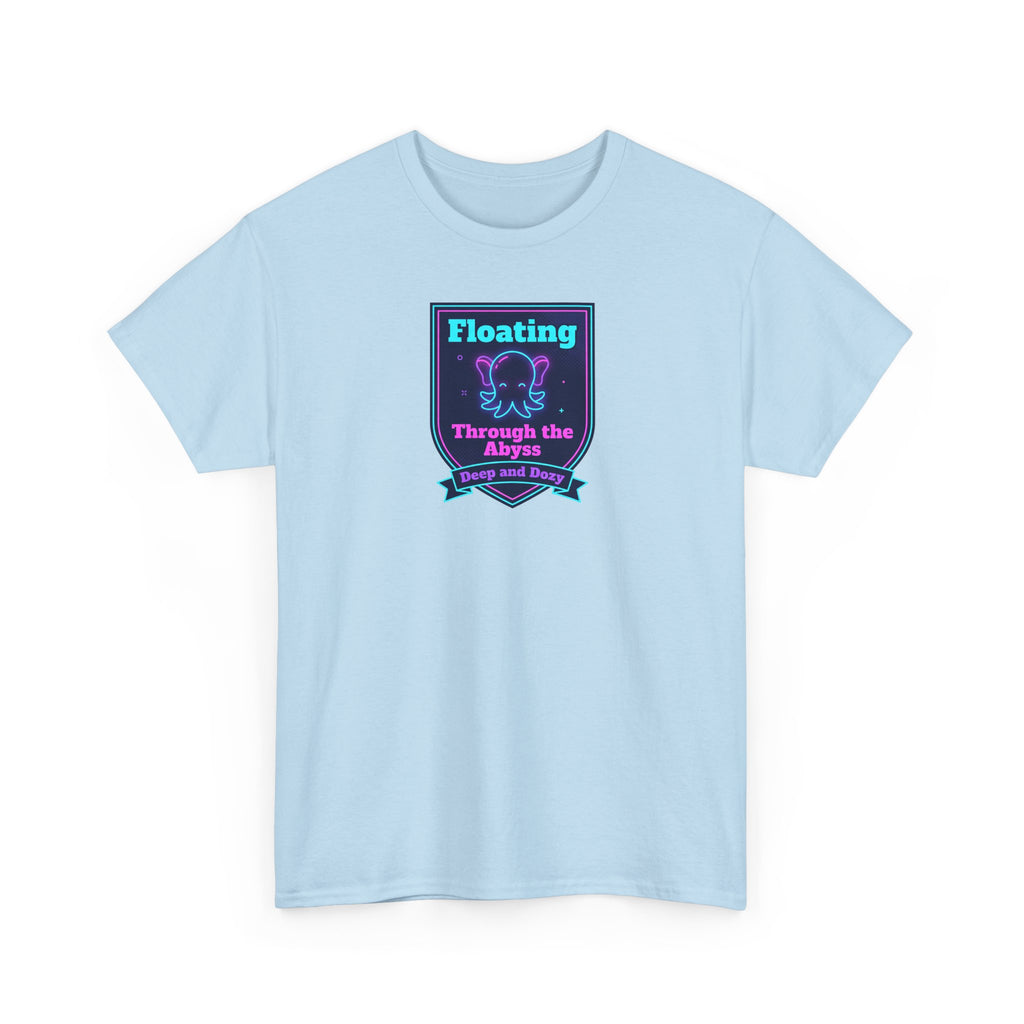 Light blue crewneck T-shirt with short sleeves and square “Floating Through the Abyss” graphic