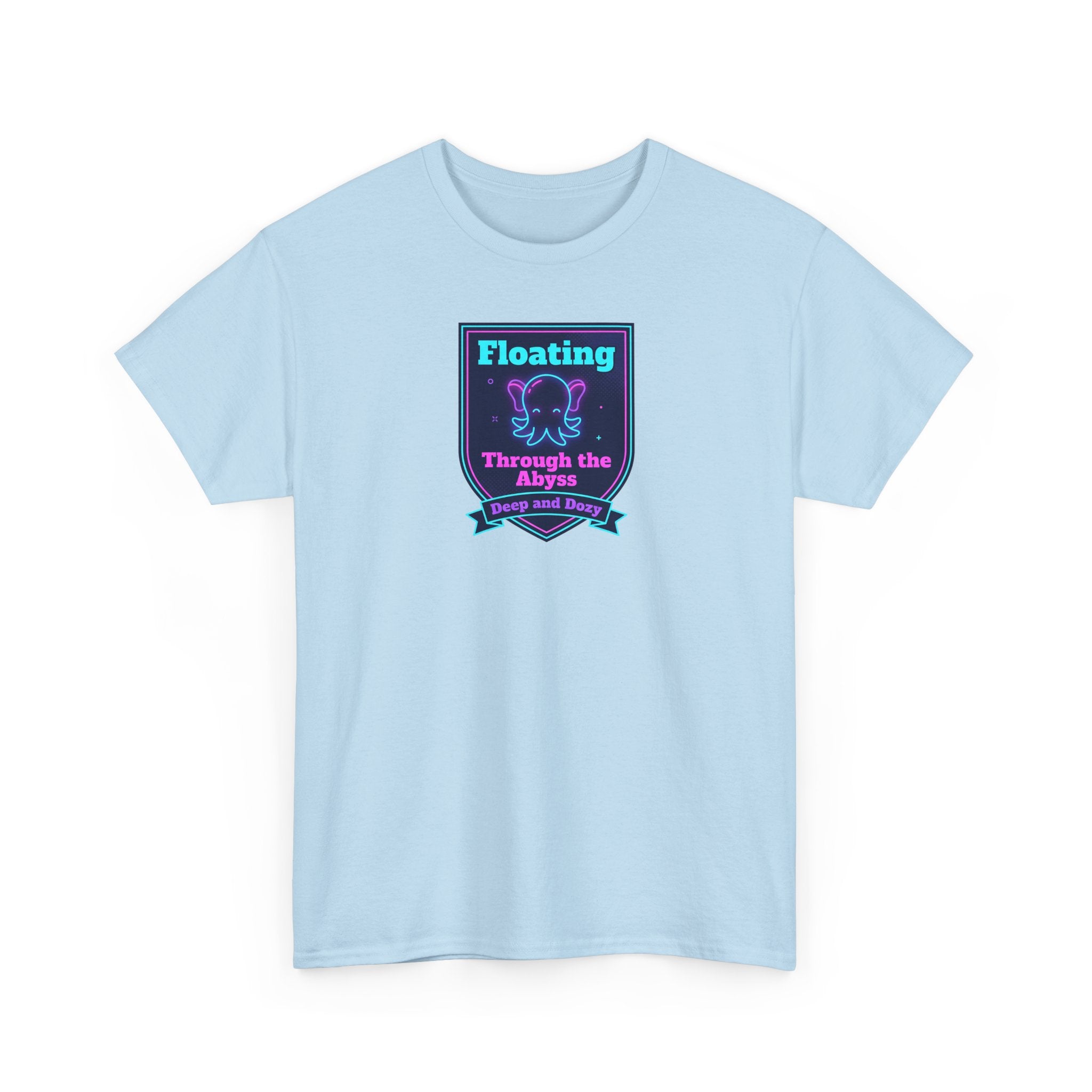 Light blue crewneck T-shirt with short sleeves and square “Floating Through the Abyss” graphic