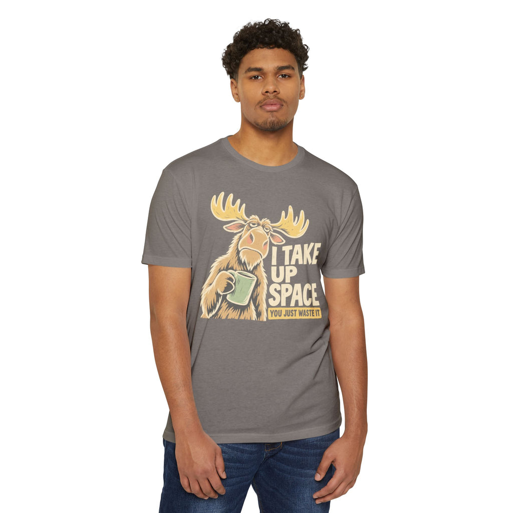 Gray moose graphic T-shirt with space-themed text and small tagline