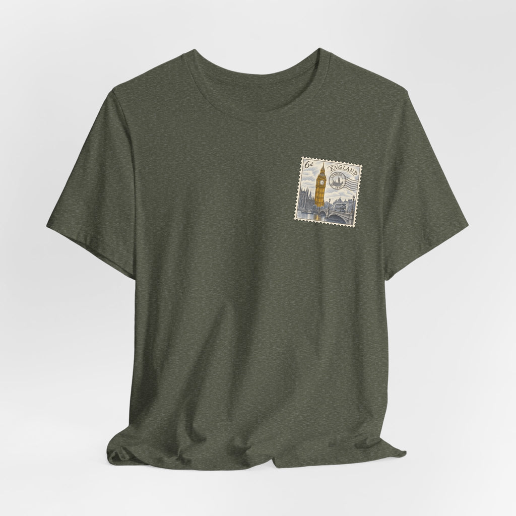 Heather dark olive T-shirt with small vintage postage stamp graphic featuring a clock tower