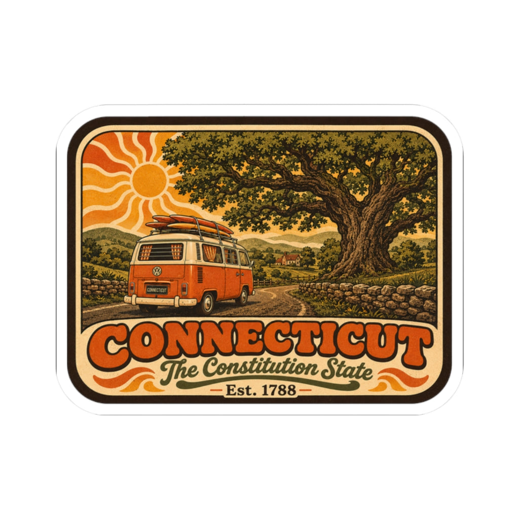 Connecticut camper van sticker with bold “CONNECTICUT” text and landscape artwork.