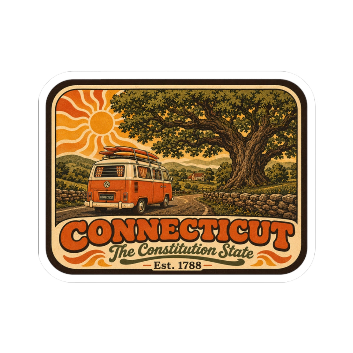 Connecticut camper van sticker with bold “CONNECTICUT” text and landscape artwork.