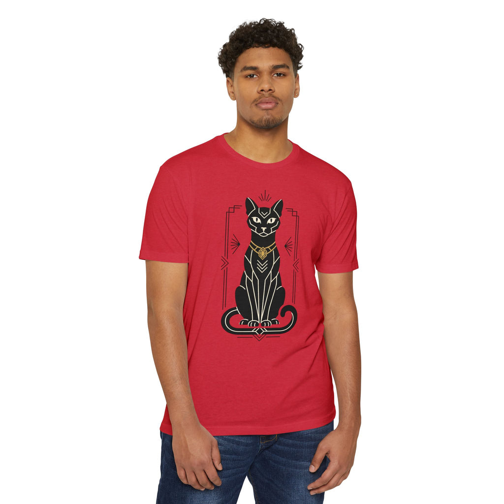 Red unisex T-shirt with cat graphic artwork on the front, short sleeves.