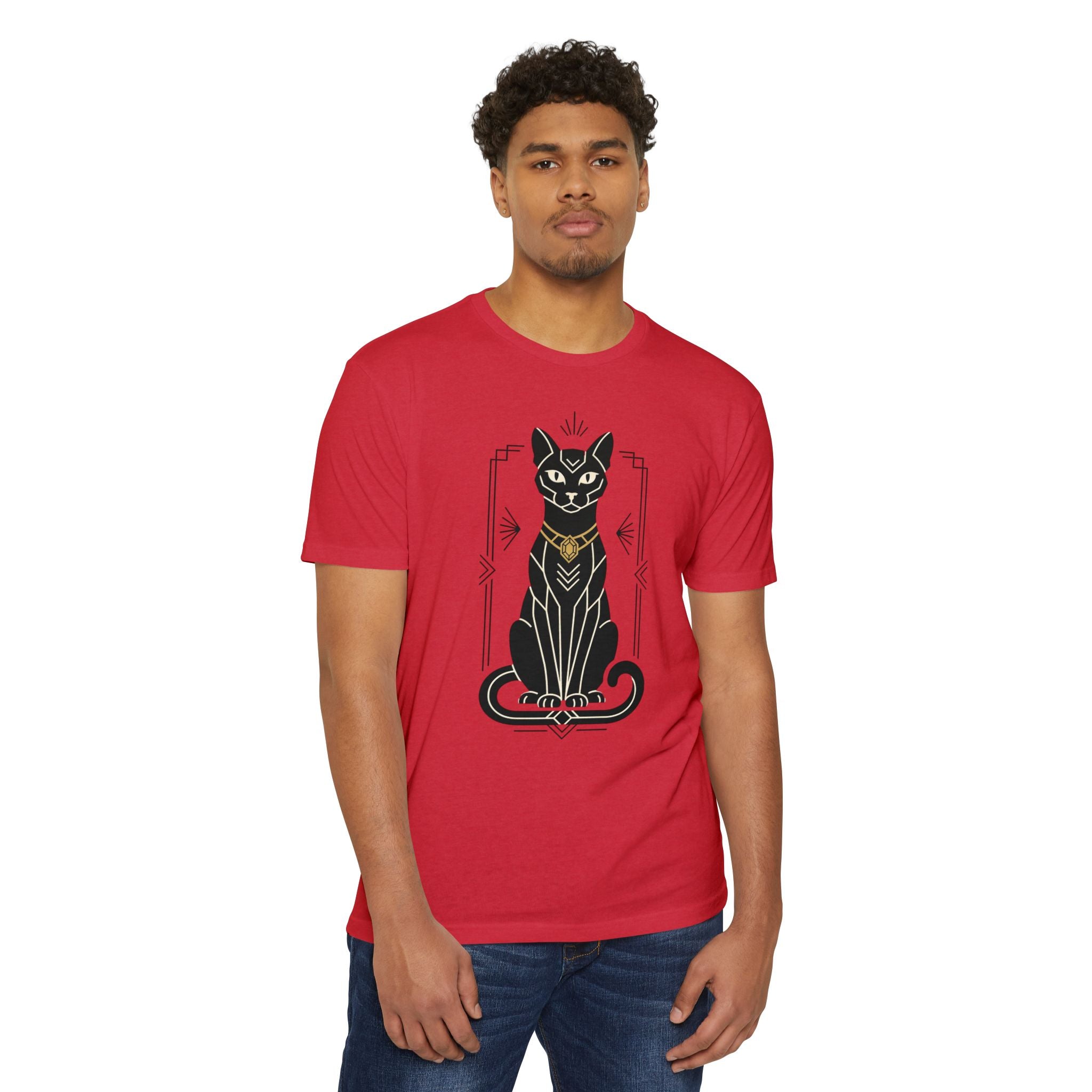 Red unisex T-shirt with cat graphic artwork on the front, short sleeves.