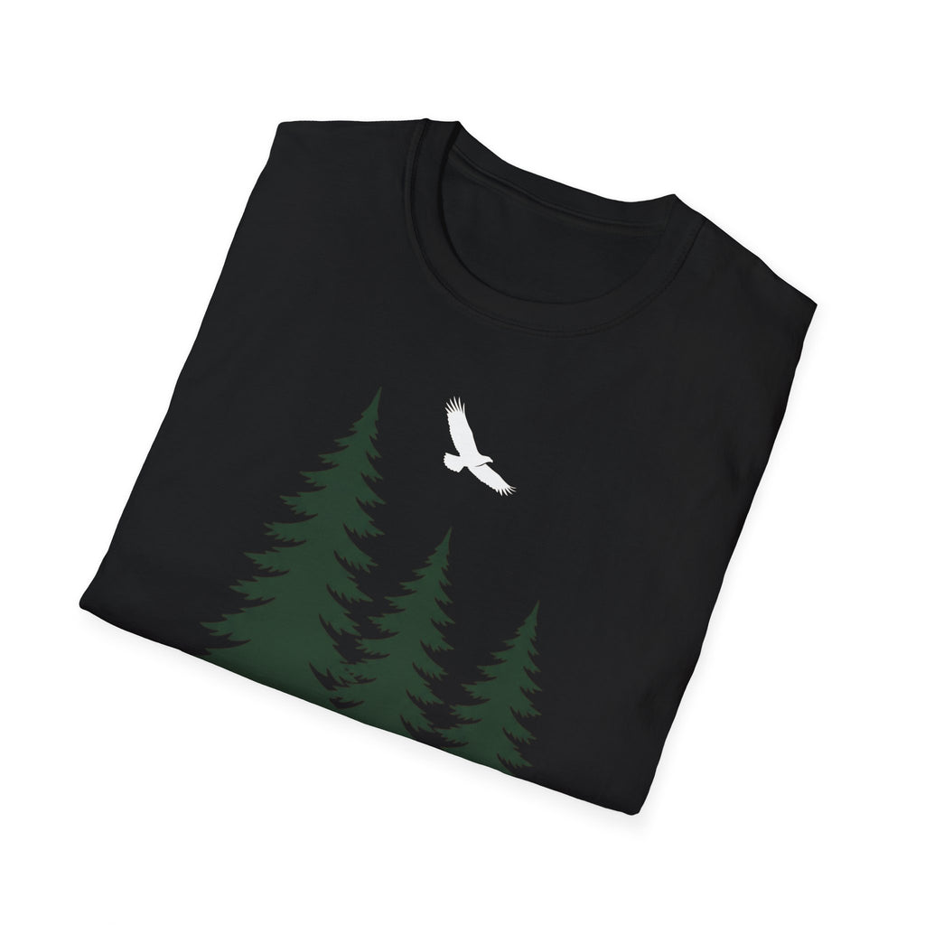Black T-shirt with pine trees and white soaring bird graphic