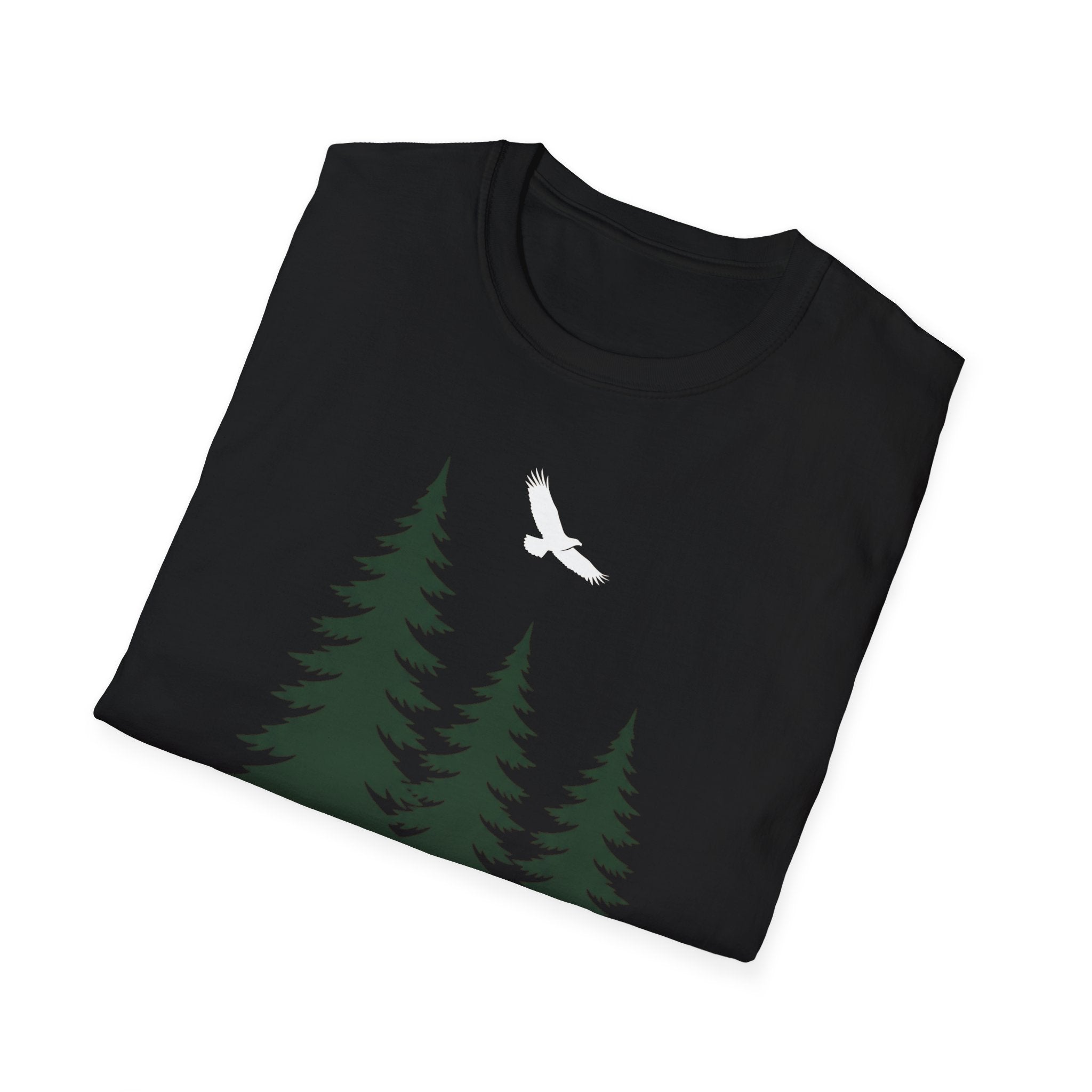 Black T-shirt with pine trees and white soaring bird graphic