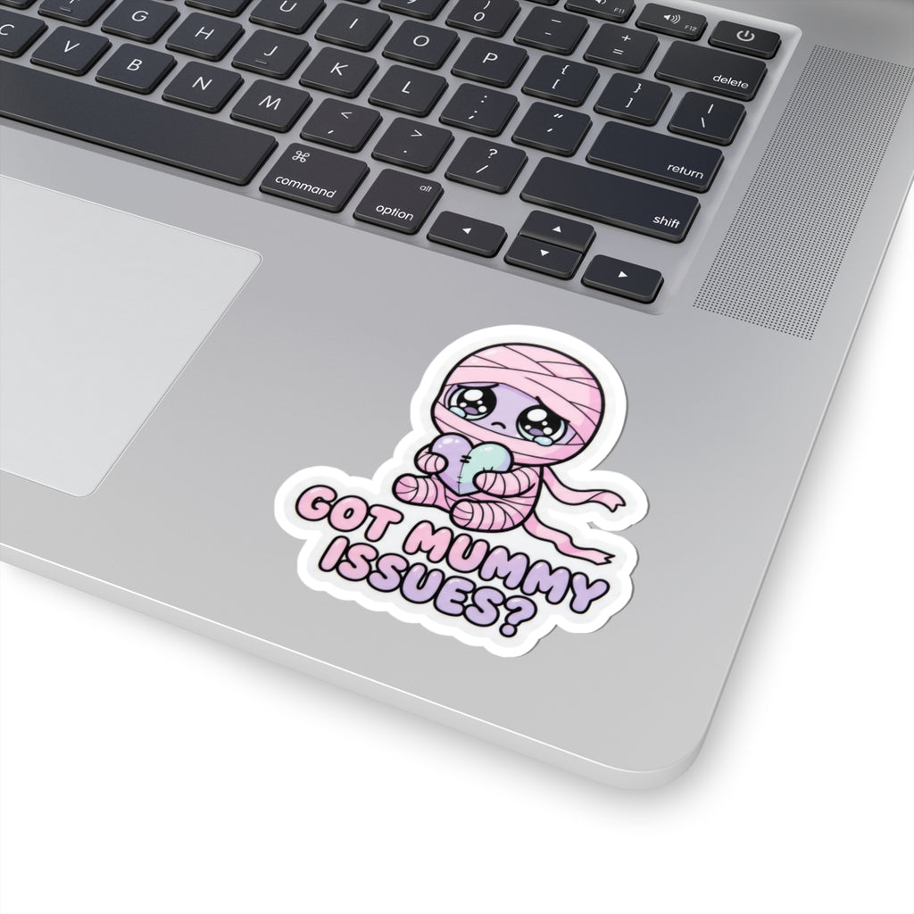 Baby mummy sticker with pink hood and heart, “GOT MUMMY ISSUES?” in purple/pink
