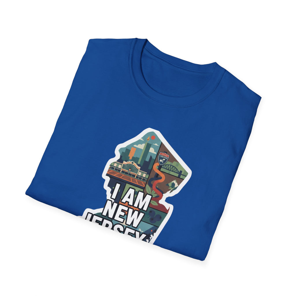 Royal blue T-shirt with front graphic of New Jersey outline and I AM NEW JERSEY text