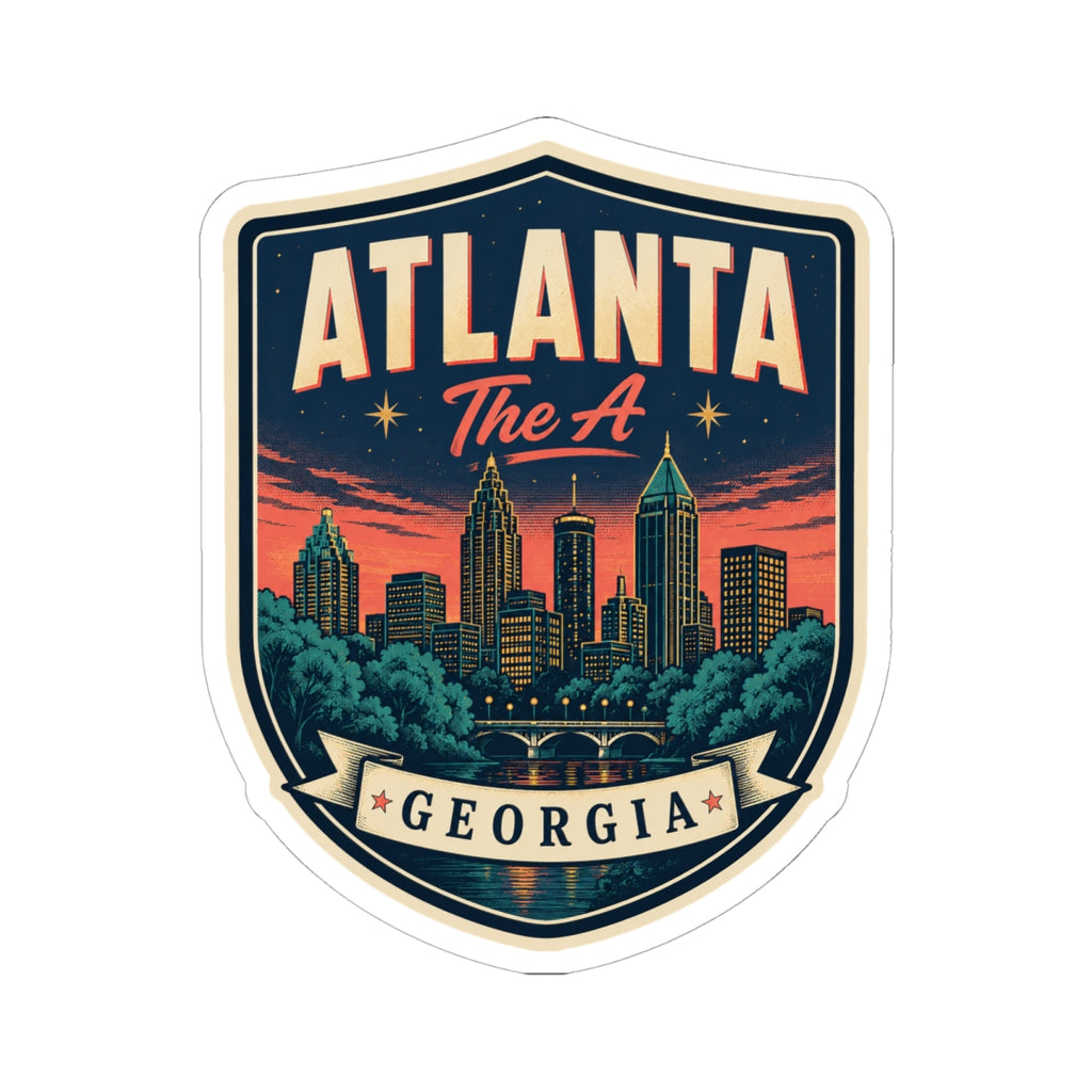 Atlanta Georgia luggage tag sticker with blue shield border and 'GEORGIA' banner