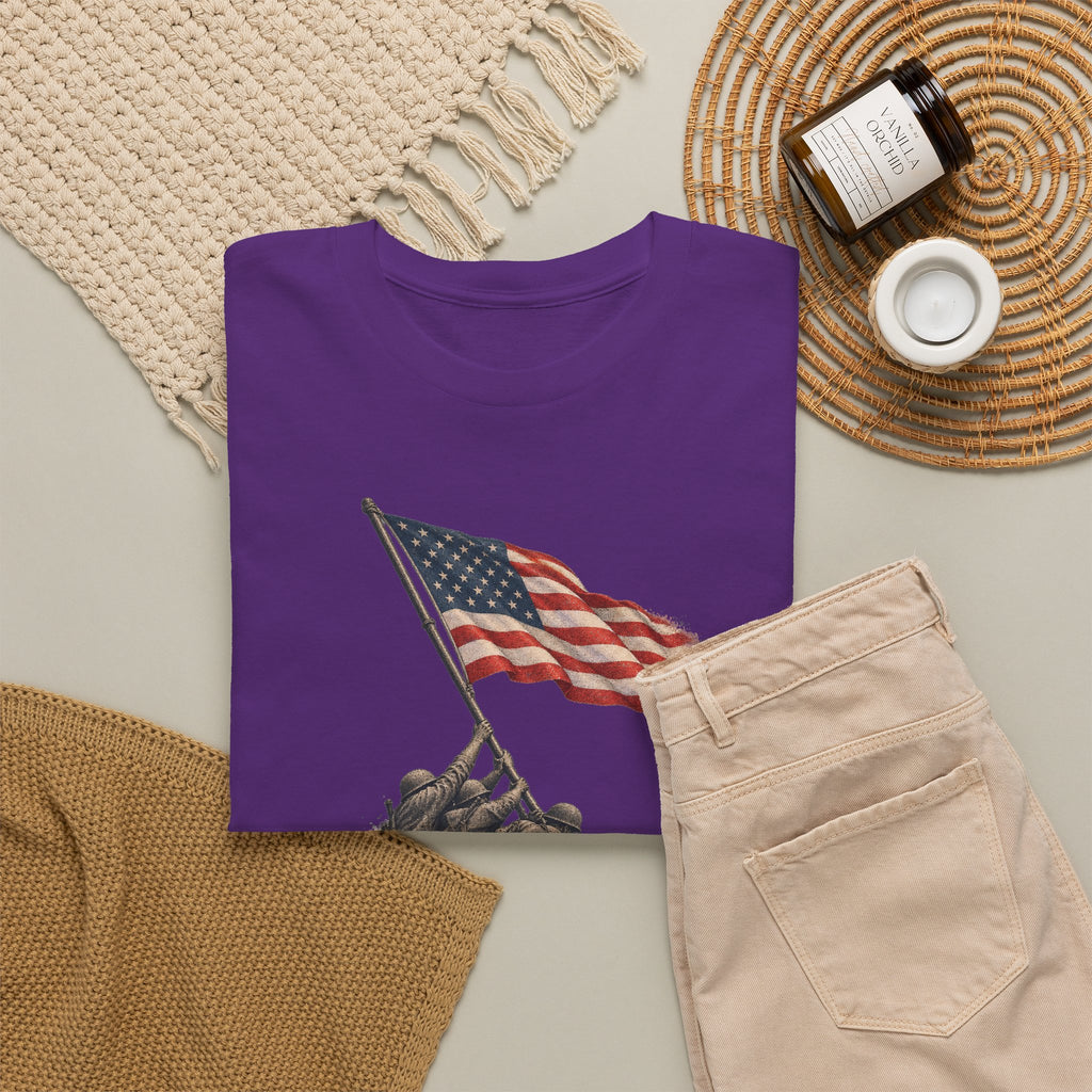 Purple crew-neck T-shirt featuring a flag-raising graphic