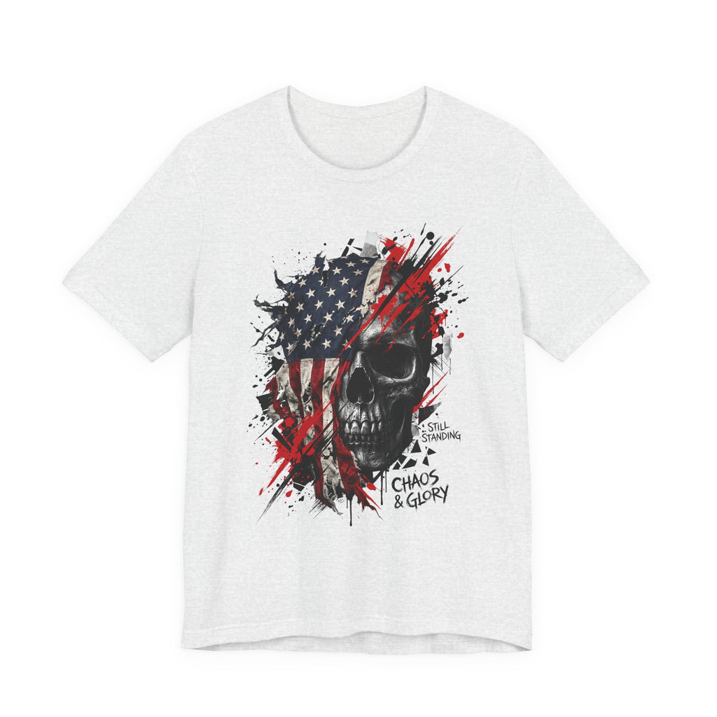 Heather grey skull graphic T-shirt with American flag panel, red splatter, Chaos & Glory print