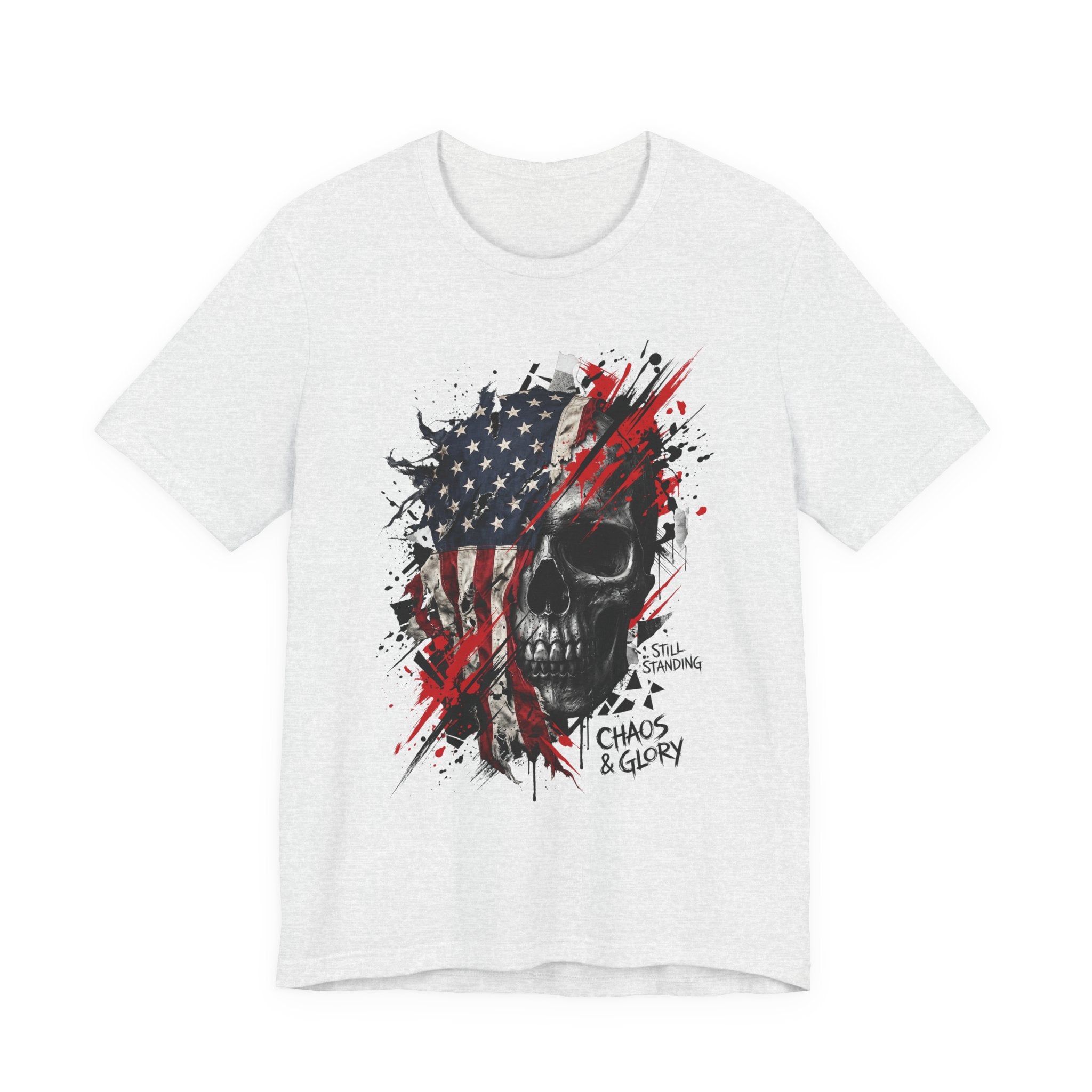 Heather grey skull graphic T-shirt with American flag panel, red splatter, Chaos & Glory print