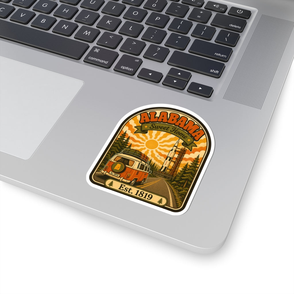 Die-cut arched Alabama sticker with orange camper van, Sweet Home banner, Est. 1819.