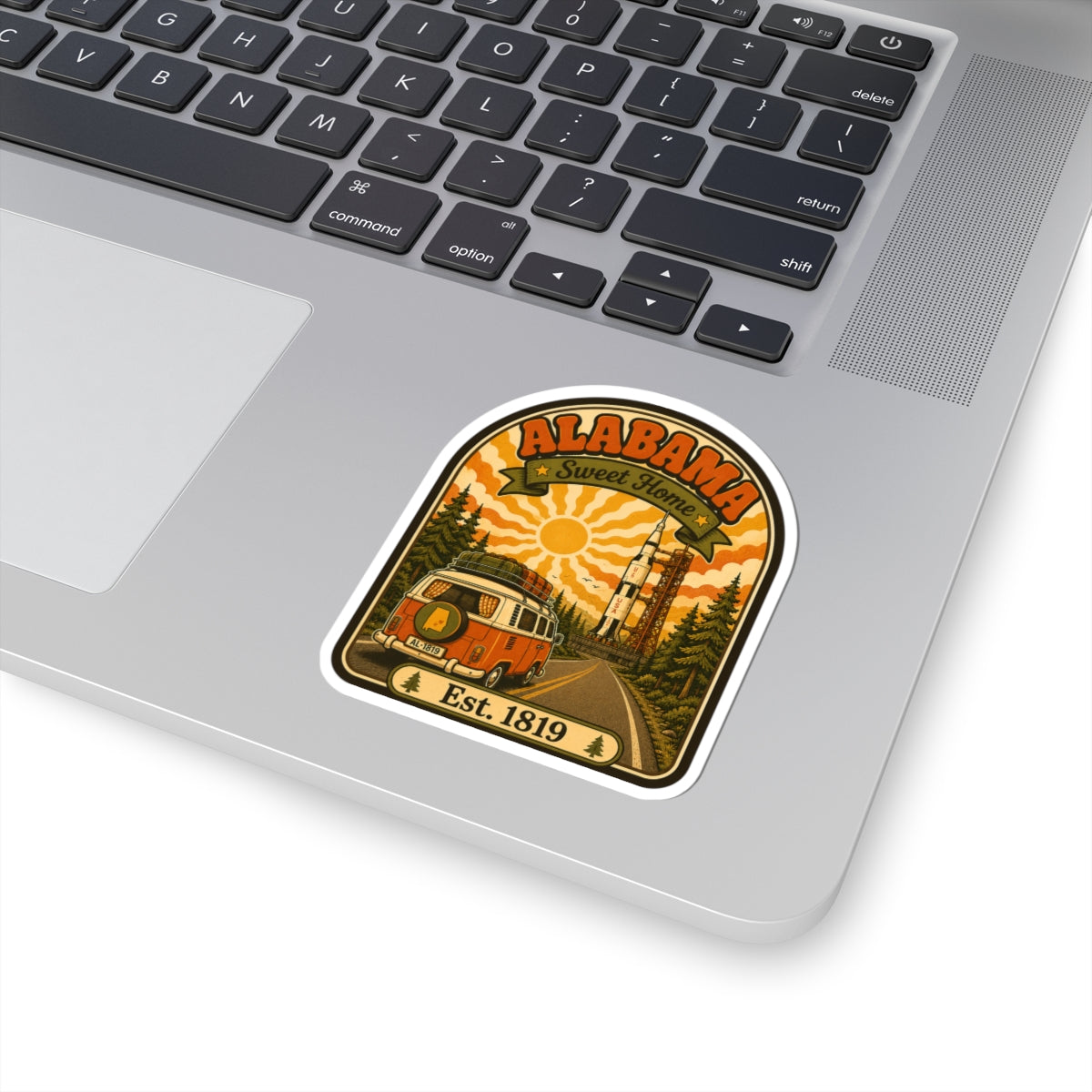 Die-cut arched Alabama sticker with orange camper van, Sweet Home banner, Est. 1819.