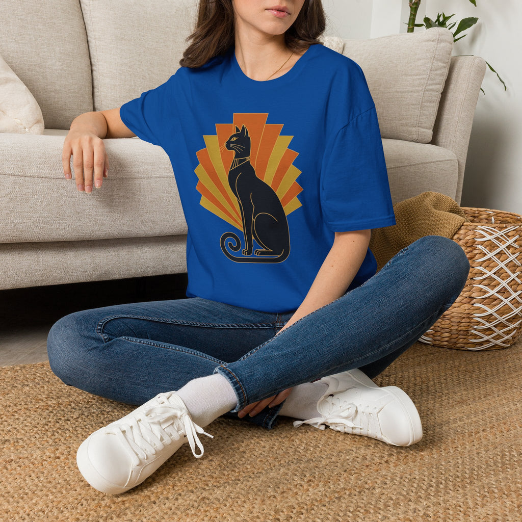 Blue cat graphic T-shirt with sunburst design at the center chest