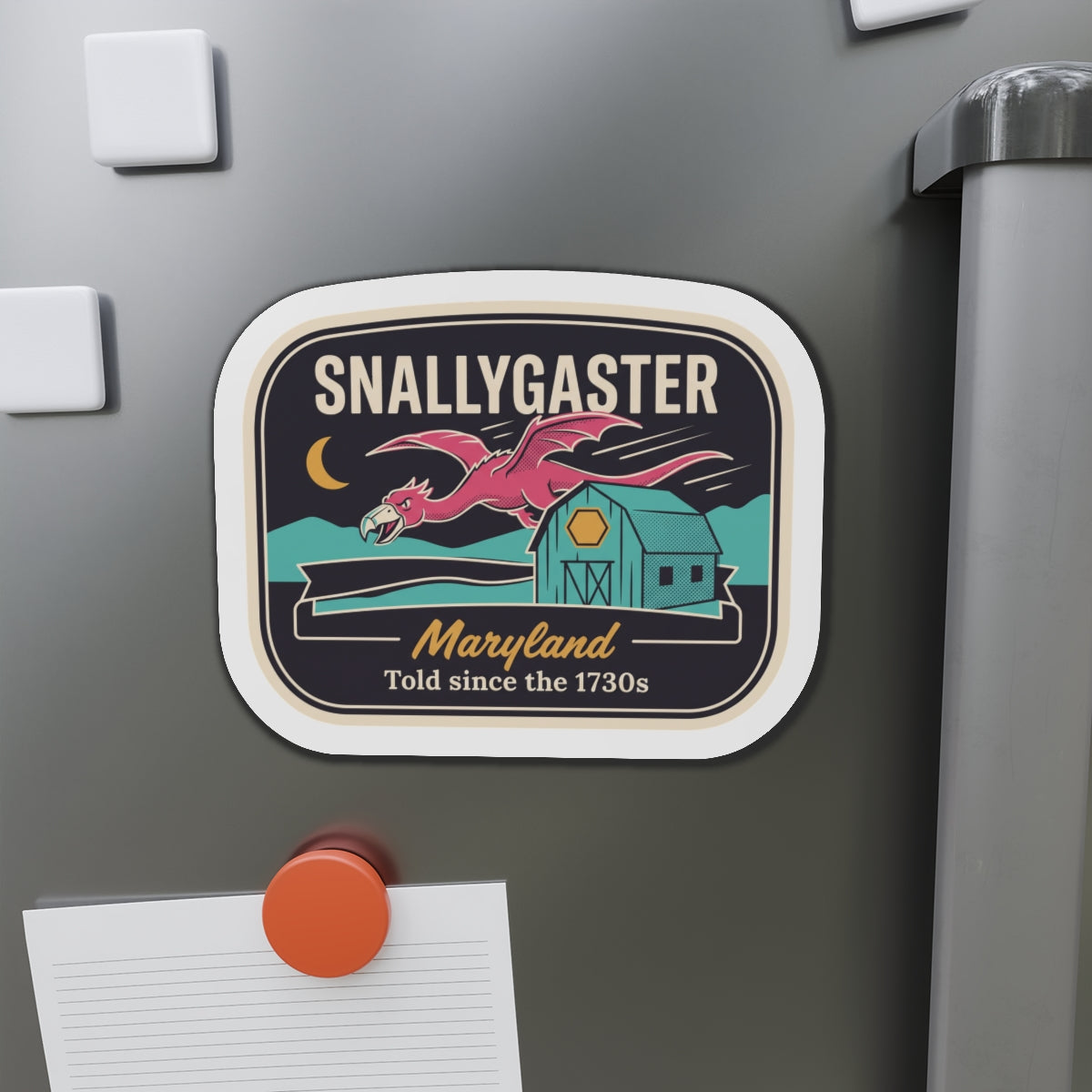 Rounded die-cut refrigerator magnet with Snallygaster, teal barn, and “Maryland”